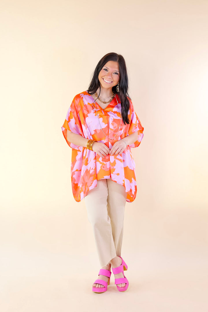 Weekend Out V Neck Short Sleeve Top in Orange and Purple - Giddy Up Glamour Boutique