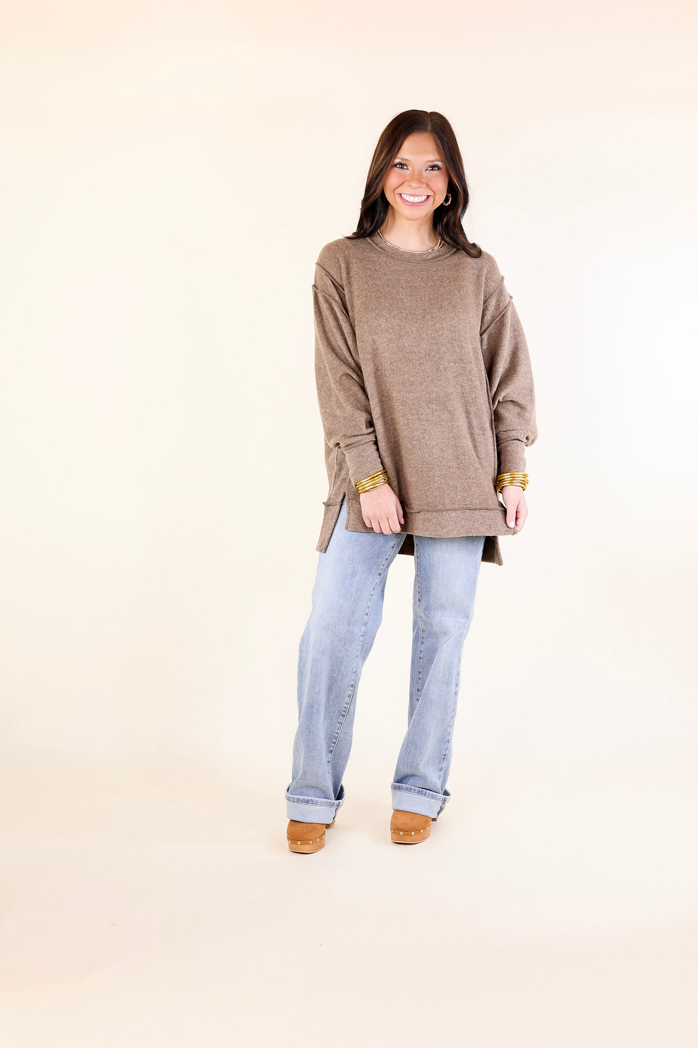 Softly Stated Brushed Melange Hacci Oversized Sweater in Mocha Brown