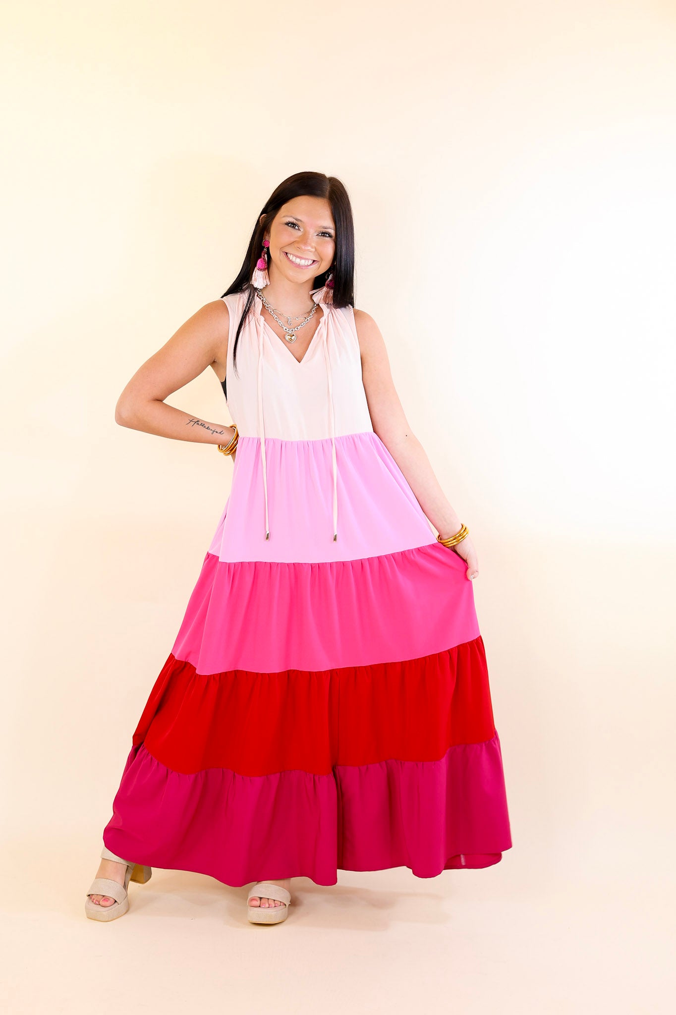 Calm Waters High Neck Tiered Maxi Dress in Pink Mix