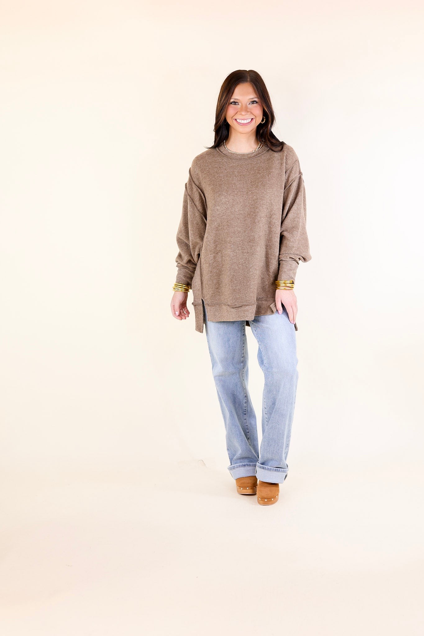 Softly Stated Brushed Melange Hacci Oversized Sweater in Mocha Brown