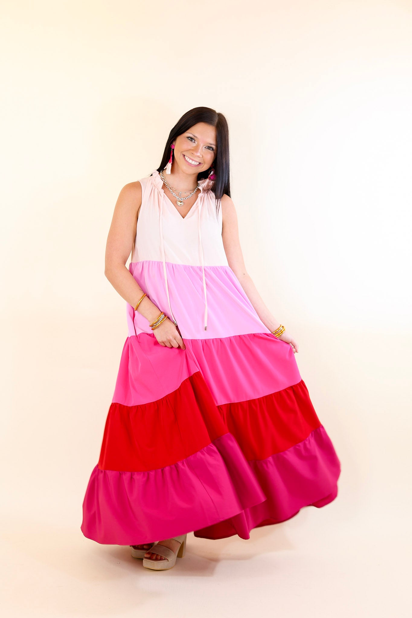 Calm Waters High Neck Tiered Maxi Dress in Pink Mix