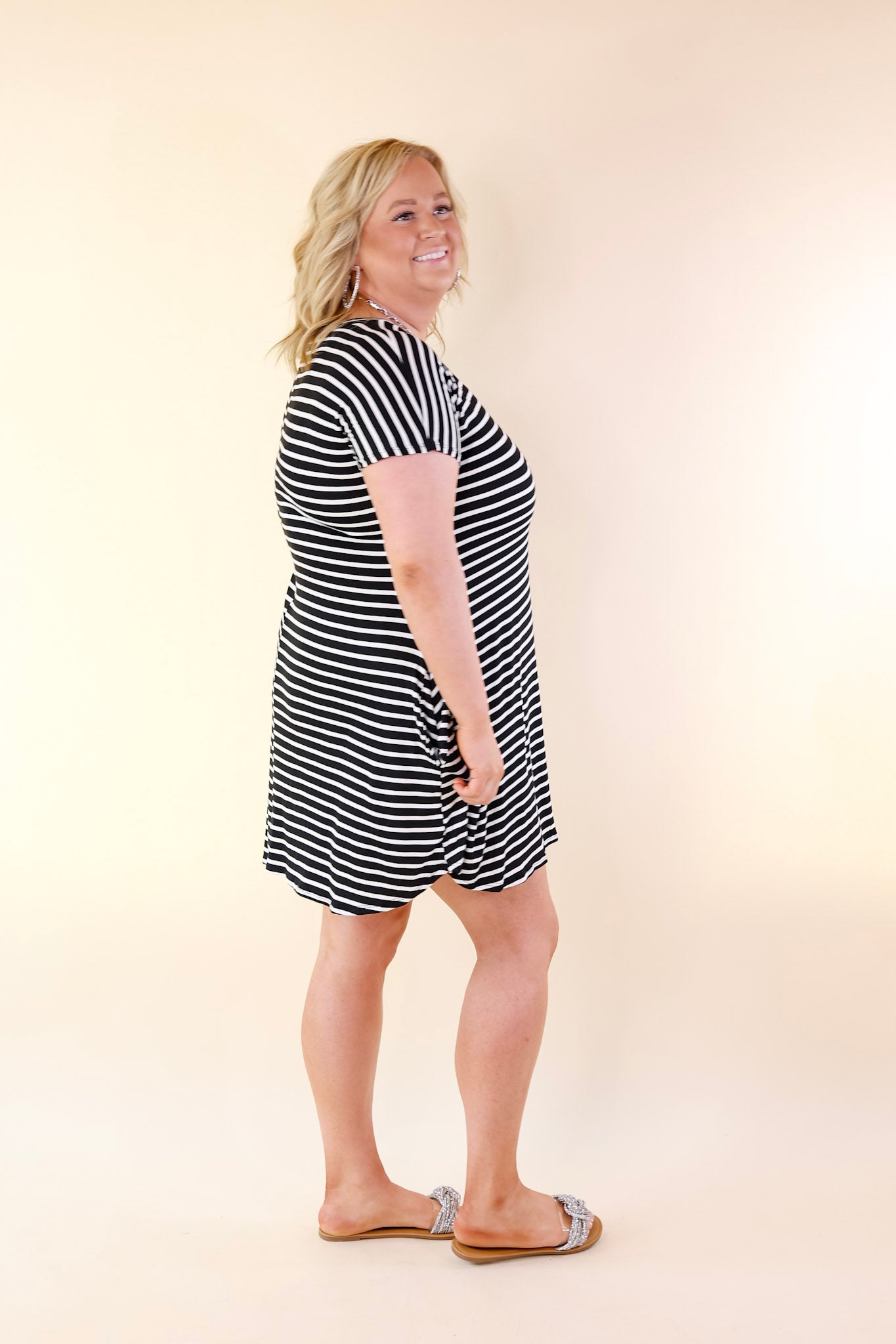 Effortless Moments Striped Short Sleeve Tee Shirt Dress in Black - Giddy Up Glamour Boutique