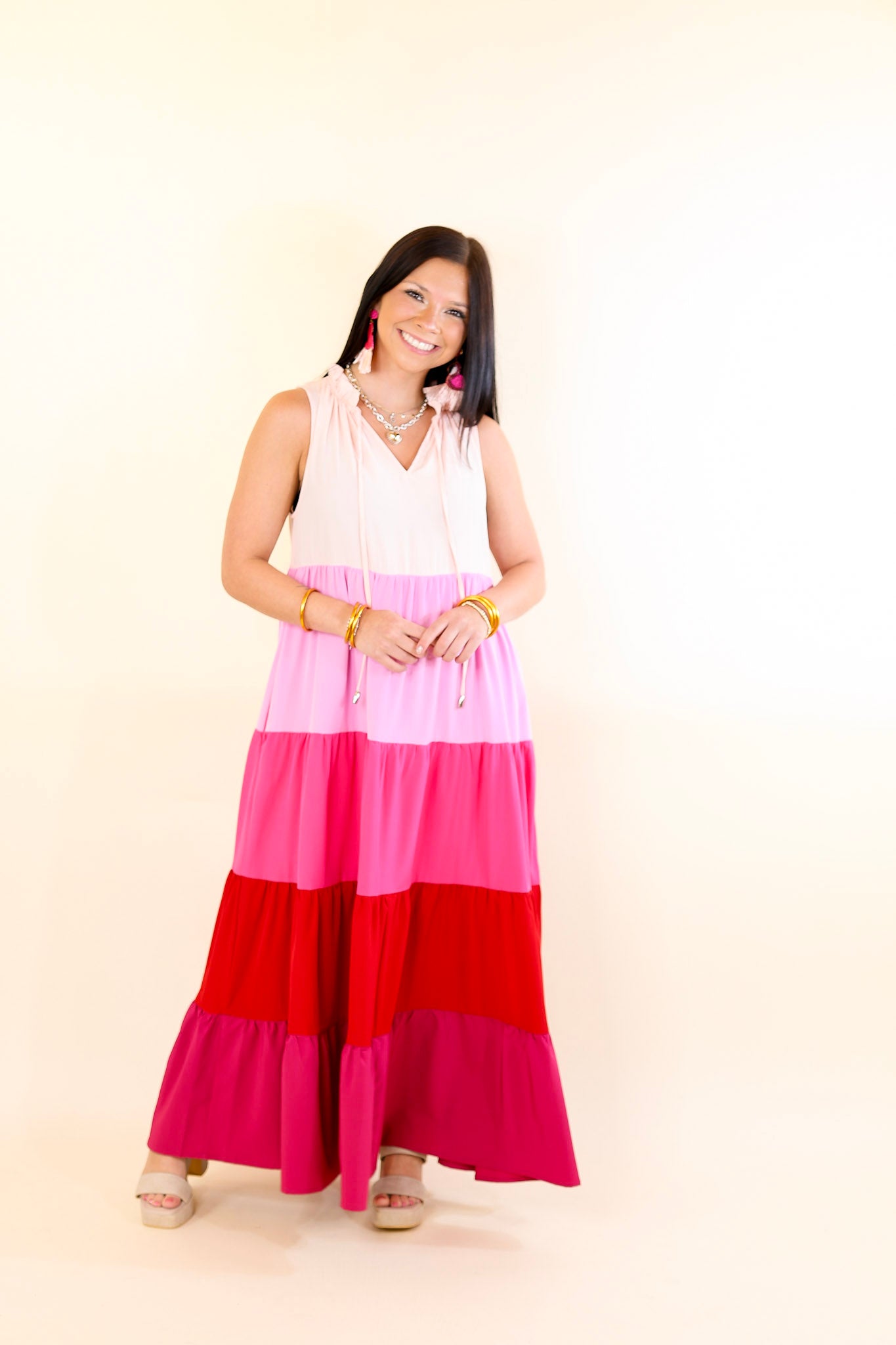 Calm Waters High Neck Tiered Maxi Dress in Pink Mix