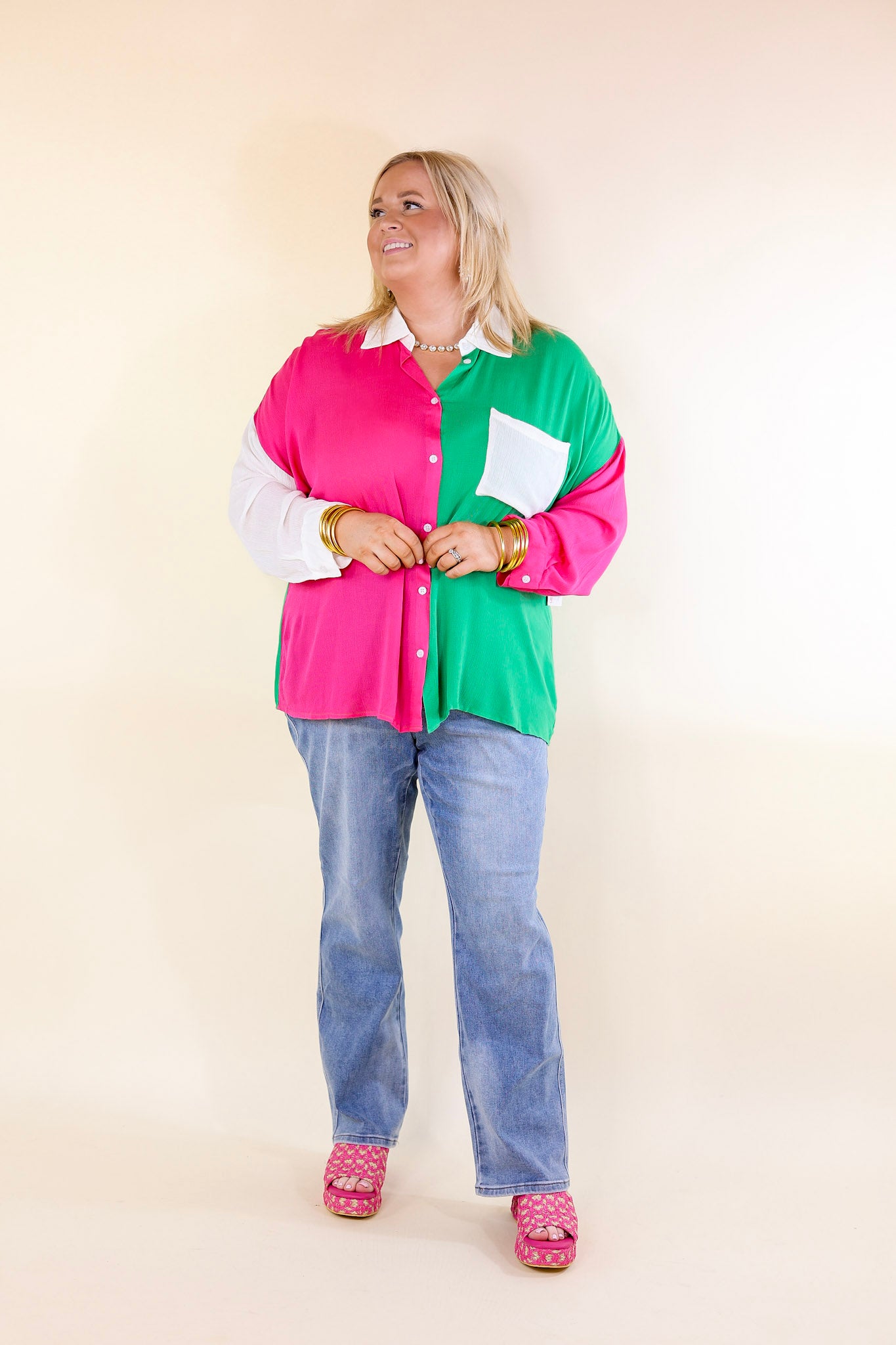 Marina Smiles Color Block Button Up Top in Pink and Green