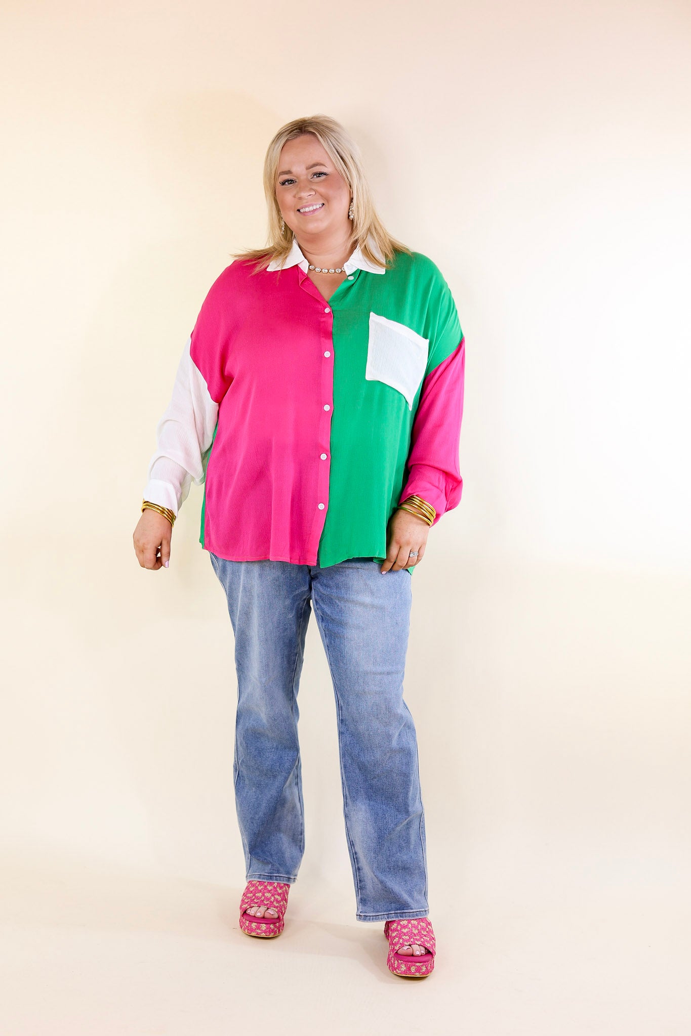 Marina Smiles Color Block Button Up Top in Pink and Green