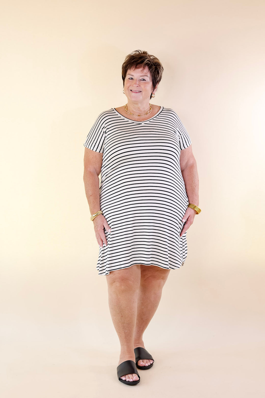Effortless Moments Striped Short Sleeve Tee Shirt Dress in White - Giddy Up Glamour Boutique