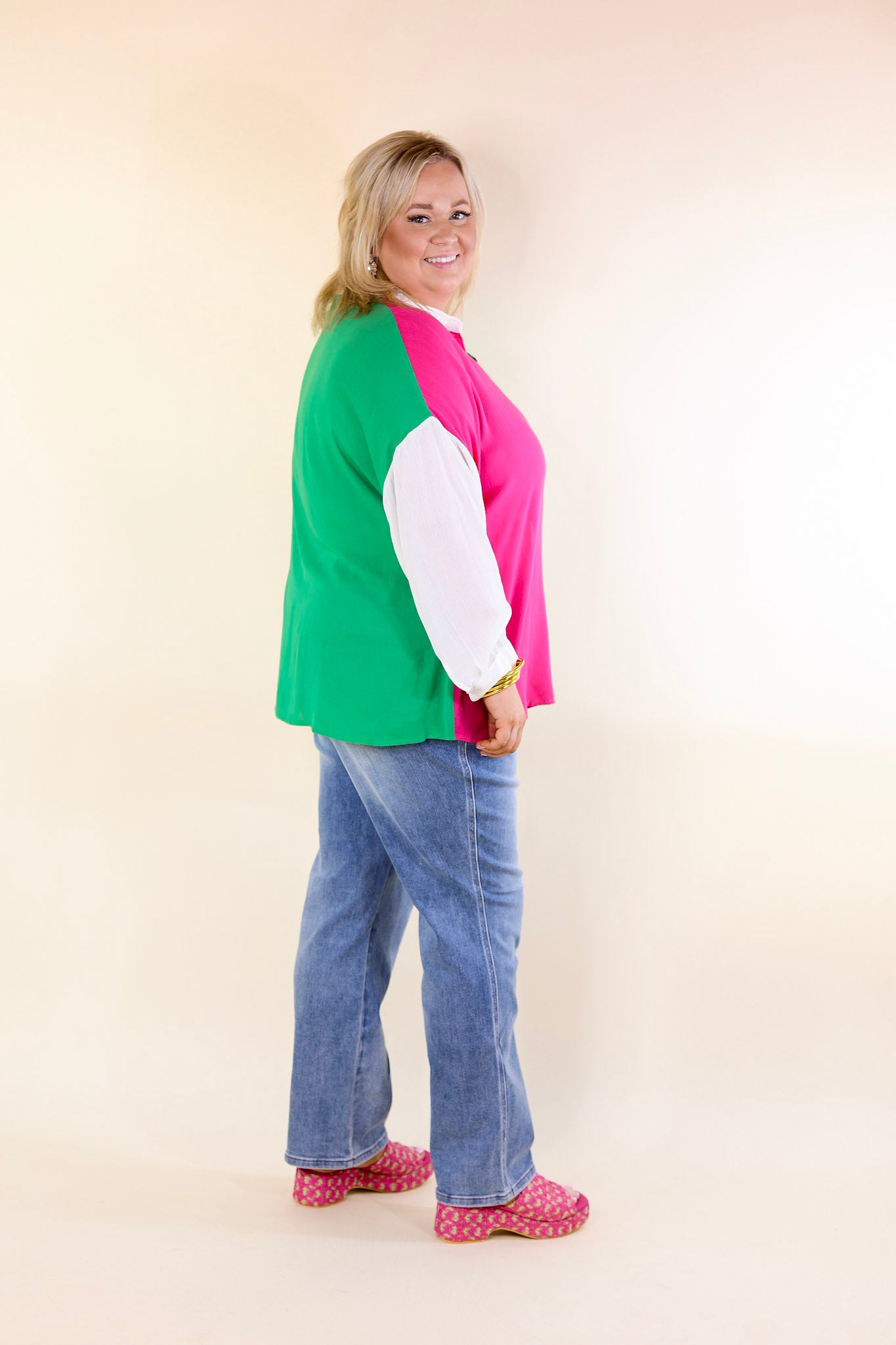 Marina Smiles Color Block Button Up Top in Pink and Green