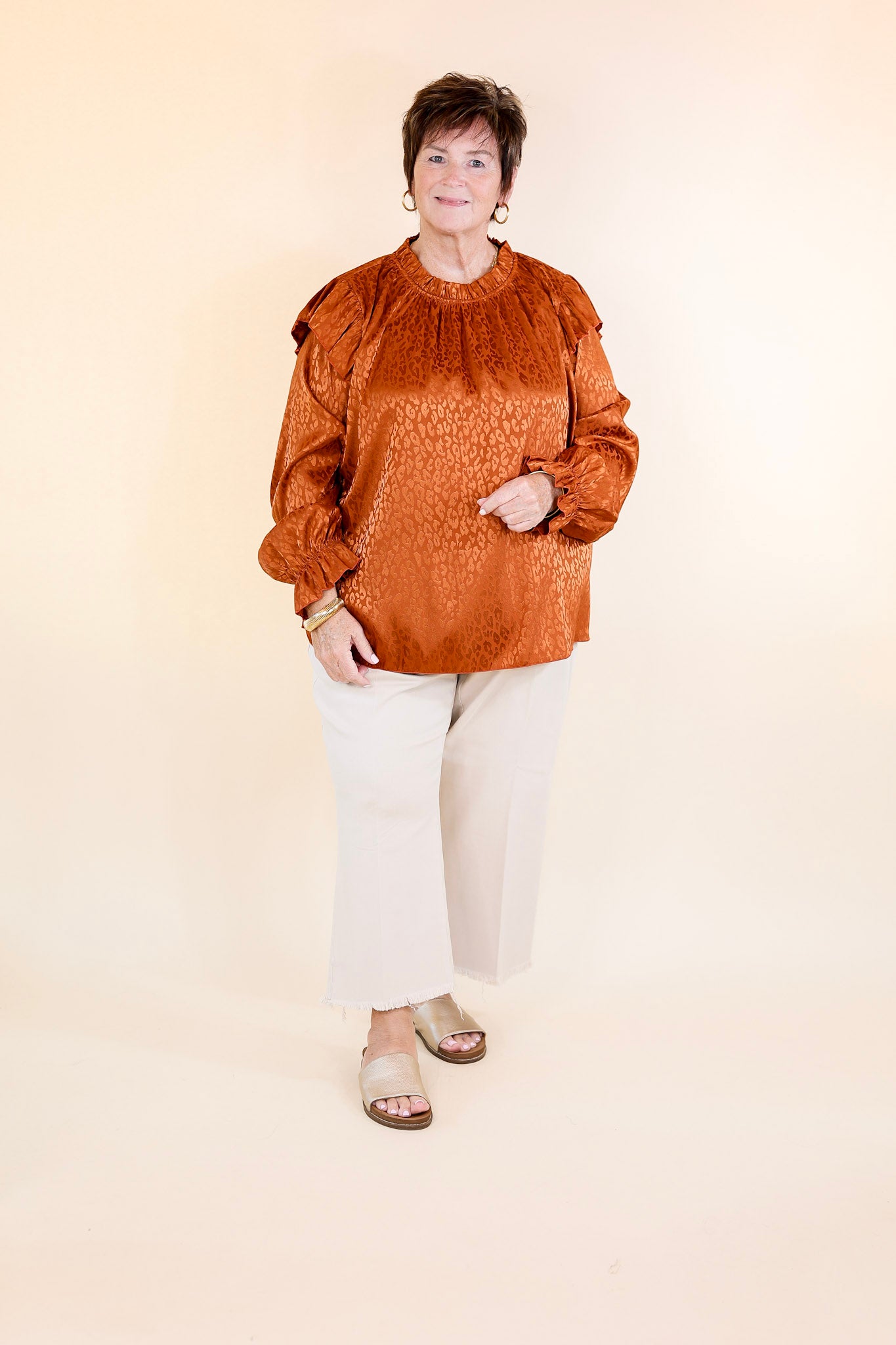 Can't Stop Me Ruffle Mock Neck Long Sleeve Leopard Print Satin Top in Rust Orange