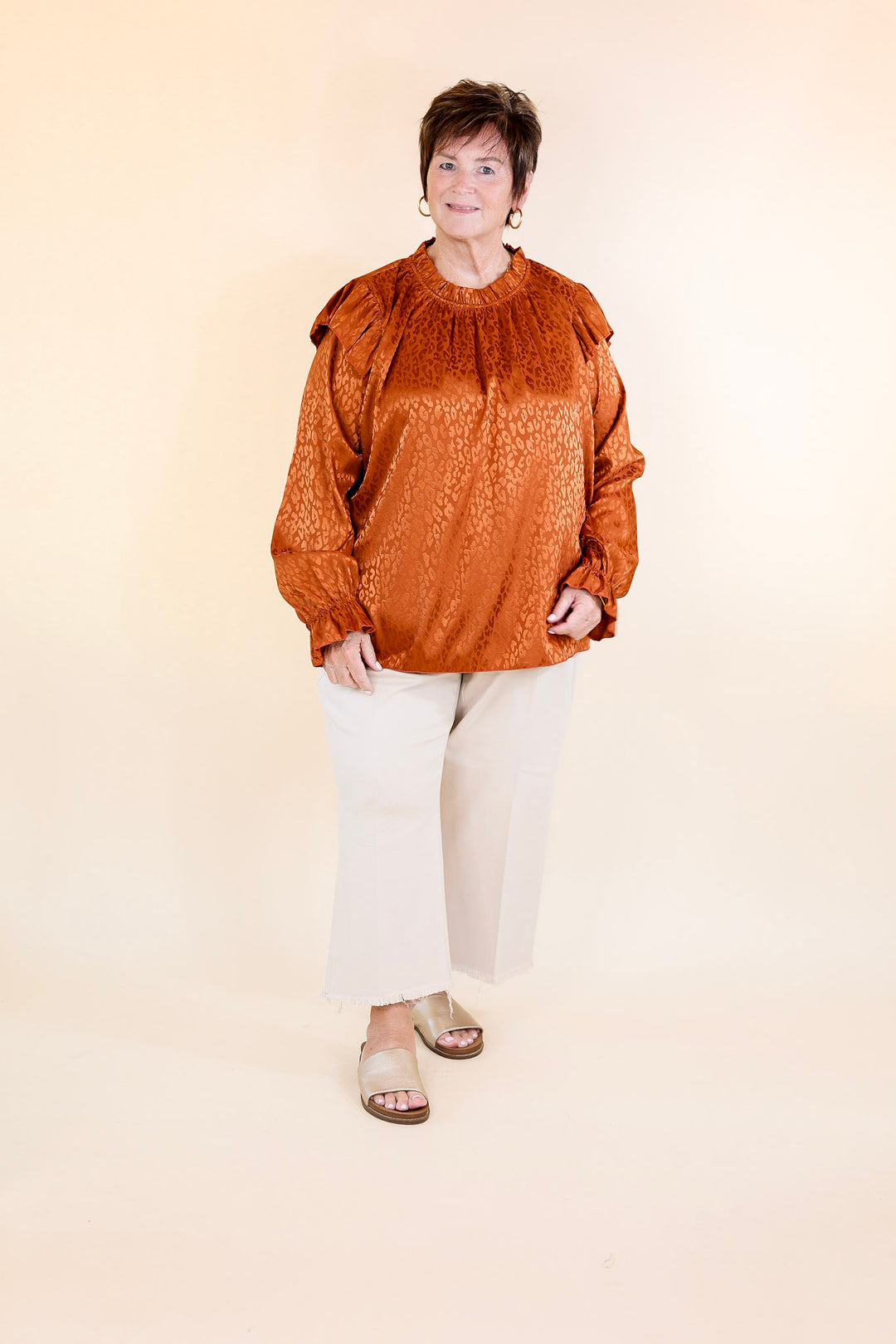 Can't Stop Me Ruffle Mock Neck Long Sleeve Leopard Print Satin Top in Rust Orange