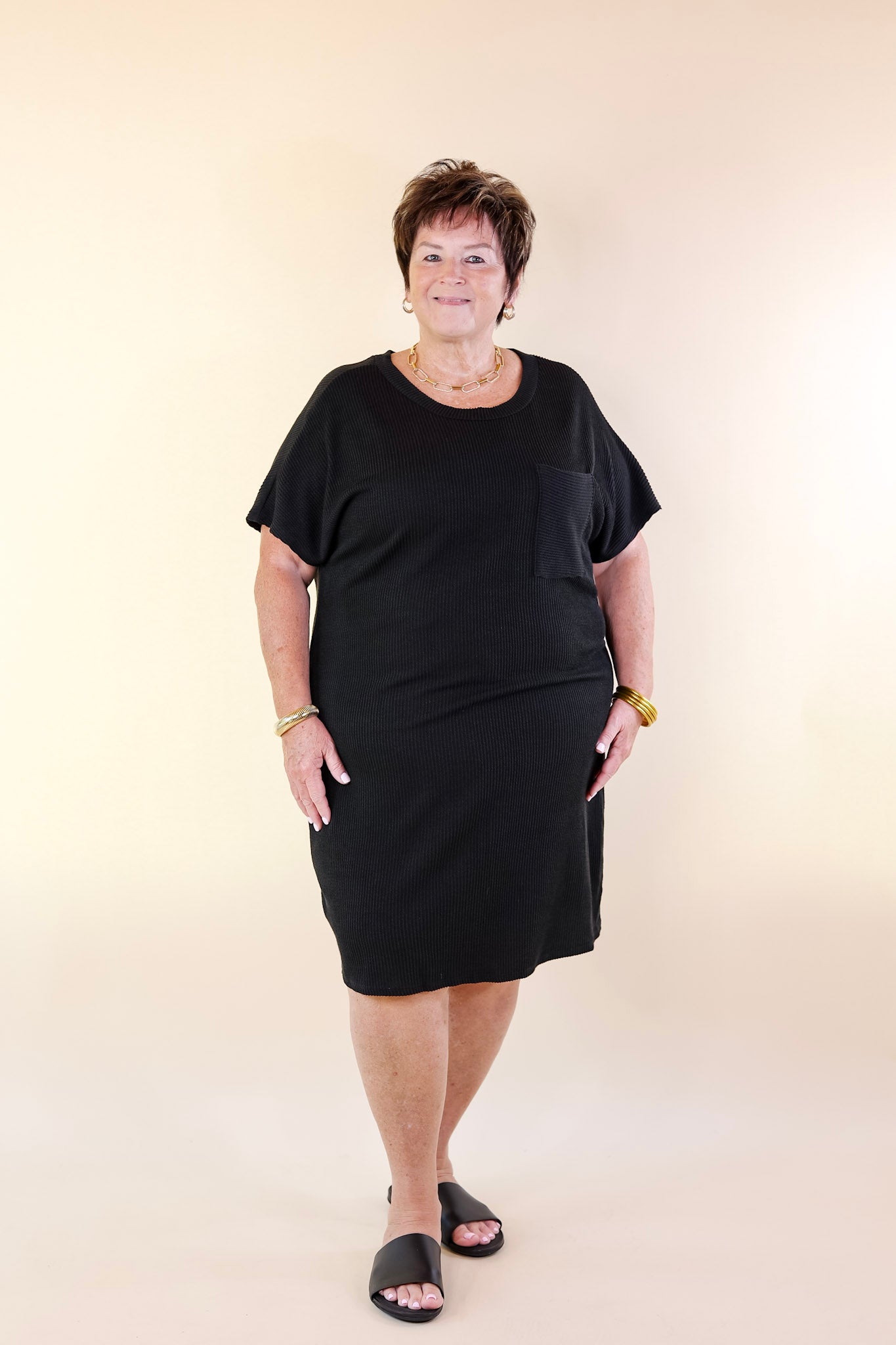 Coffee and Carefree Ribbed Short Sleeve Dress with Front Pocket in Black - Giddy Up Glamour Boutique