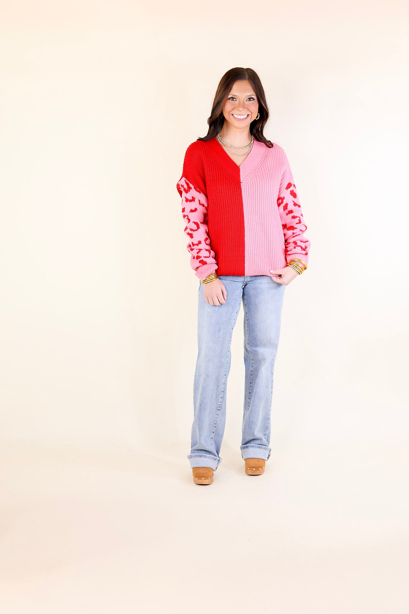 Changing Seasons Leopard Print Long Sleeve Sweater in Pink and Red