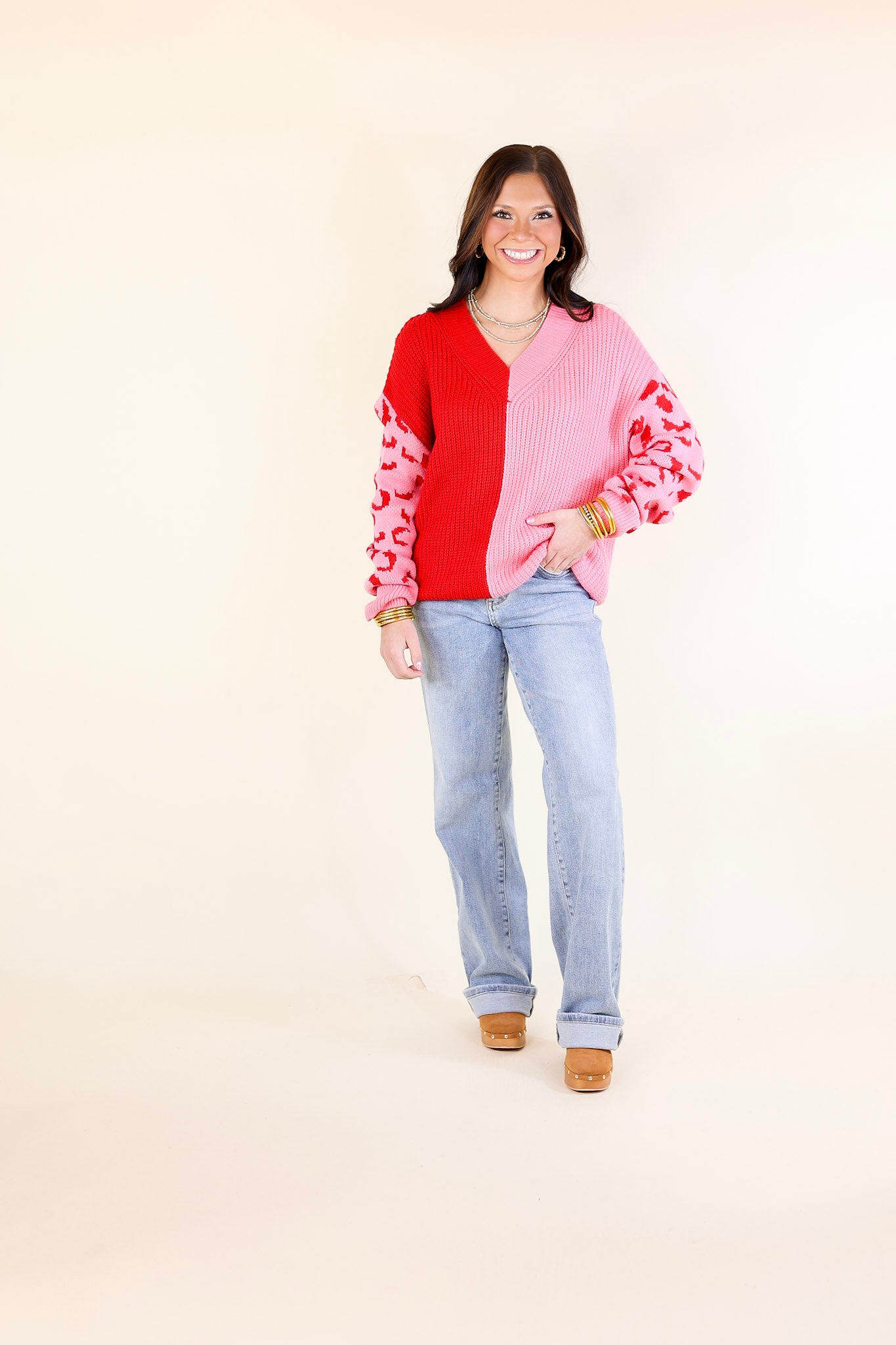 Changing Seasons Leopard Print Long Sleeve Sweater in Pink and Red