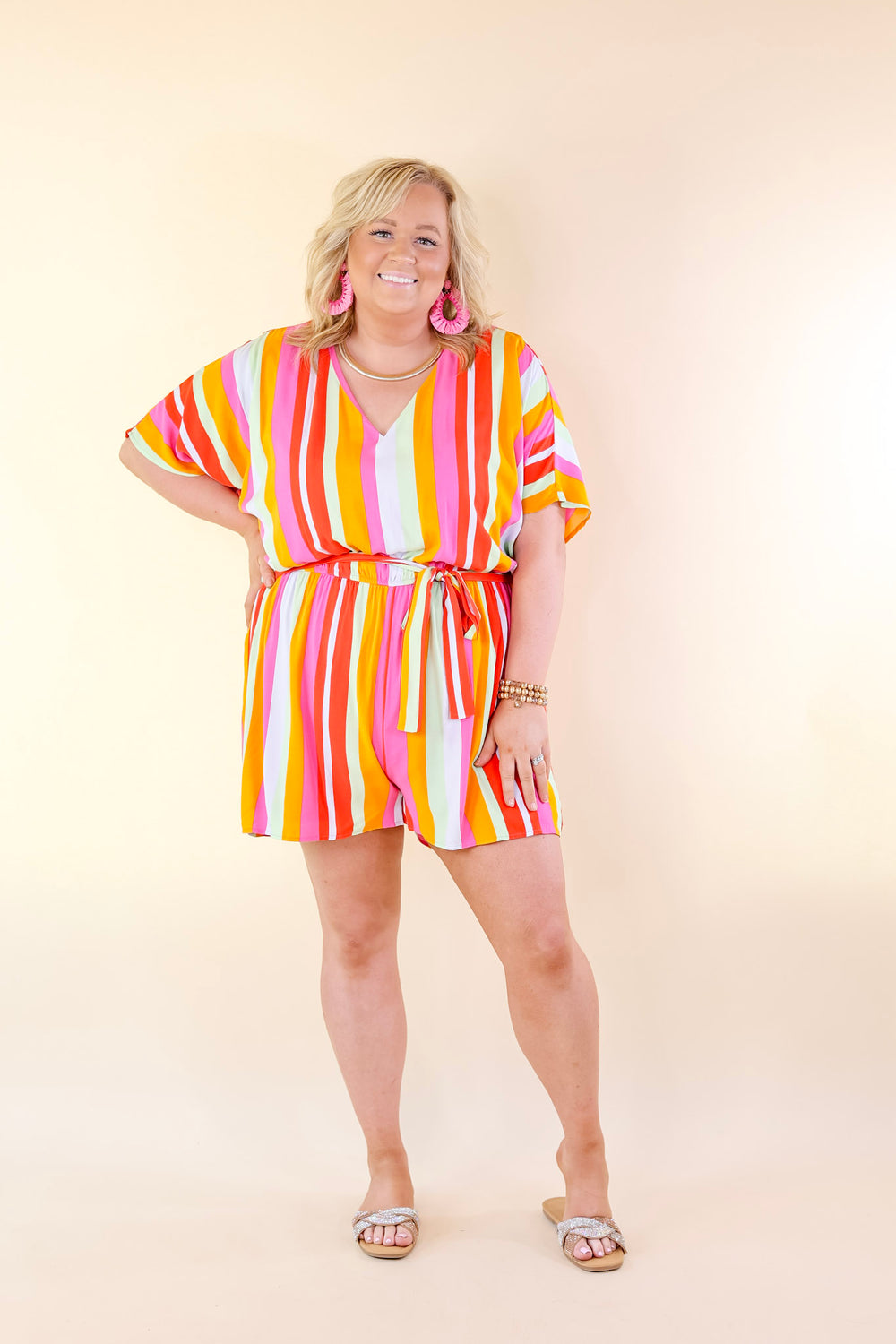 Sun And Shade Striped Romper with Short Sleeves in Pink Mix - Giddy Up Glamour Boutique