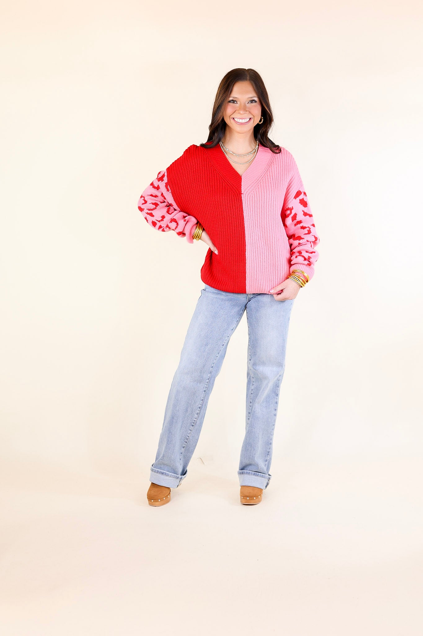 Changing Seasons Leopard Print Long Sleeve Sweater in Pink and Red