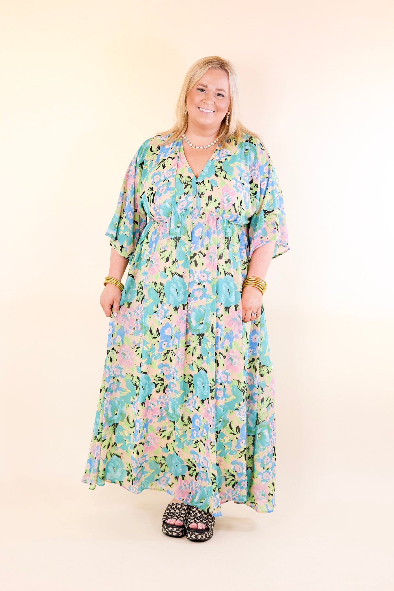 Beautifully Botanical V Neck Floral Print Maxi Dress in Blue and Green Mix