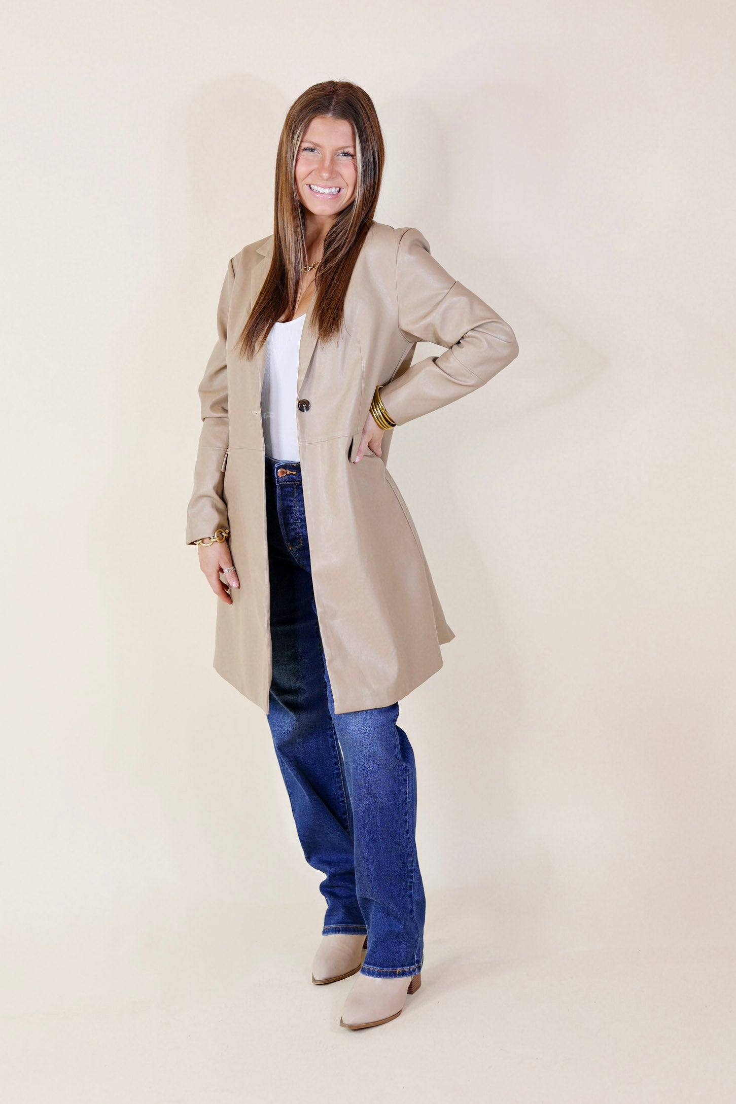 Espresso Run Long Faux Leather Coat with Button Front in Taupe - Giddy Up Glamour Boutique