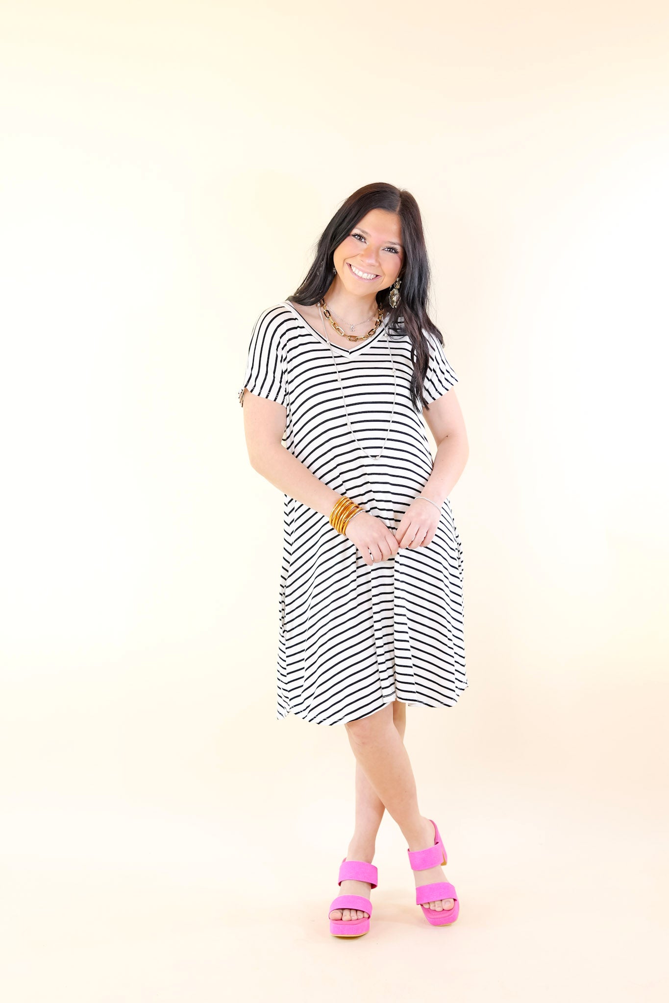 Effortless Moments Striped Short Sleeve Tee Shirt Dress in White - Giddy Up Glamour Boutique