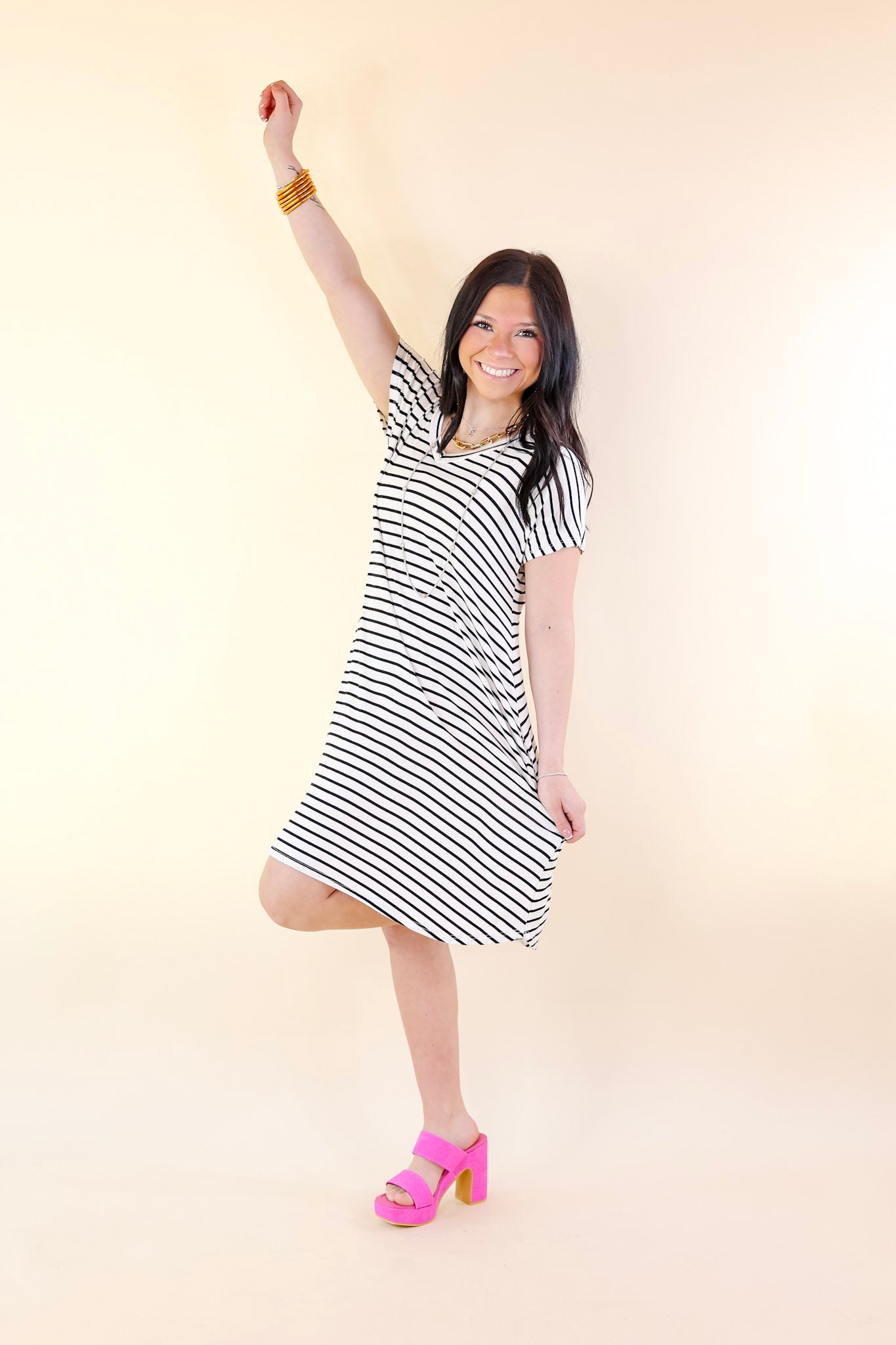 Effortless Moments Striped Short Sleeve Tee Shirt Dress in White - Giddy Up Glamour Boutique