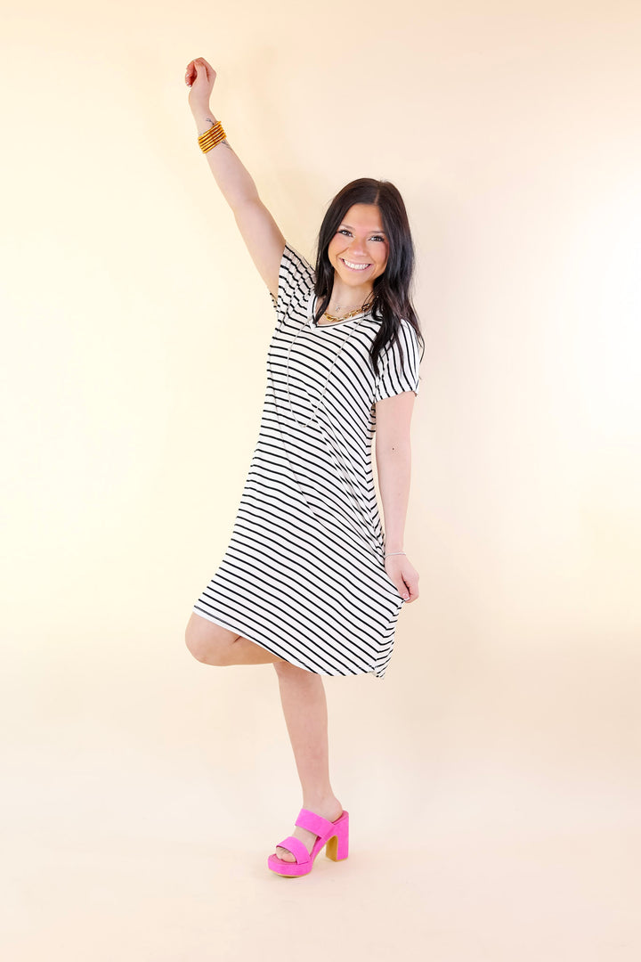 Effortless Moments Striped Short Sleeve Tee Shirt Dress in White - Giddy Up Glamour Boutique