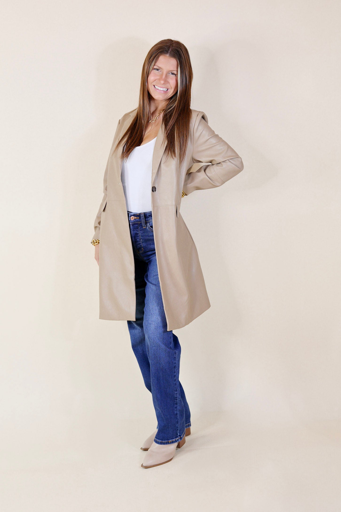 Espresso Run Long Faux Leather Coat with Button Front in Taupe - Giddy Up Glamour Boutique