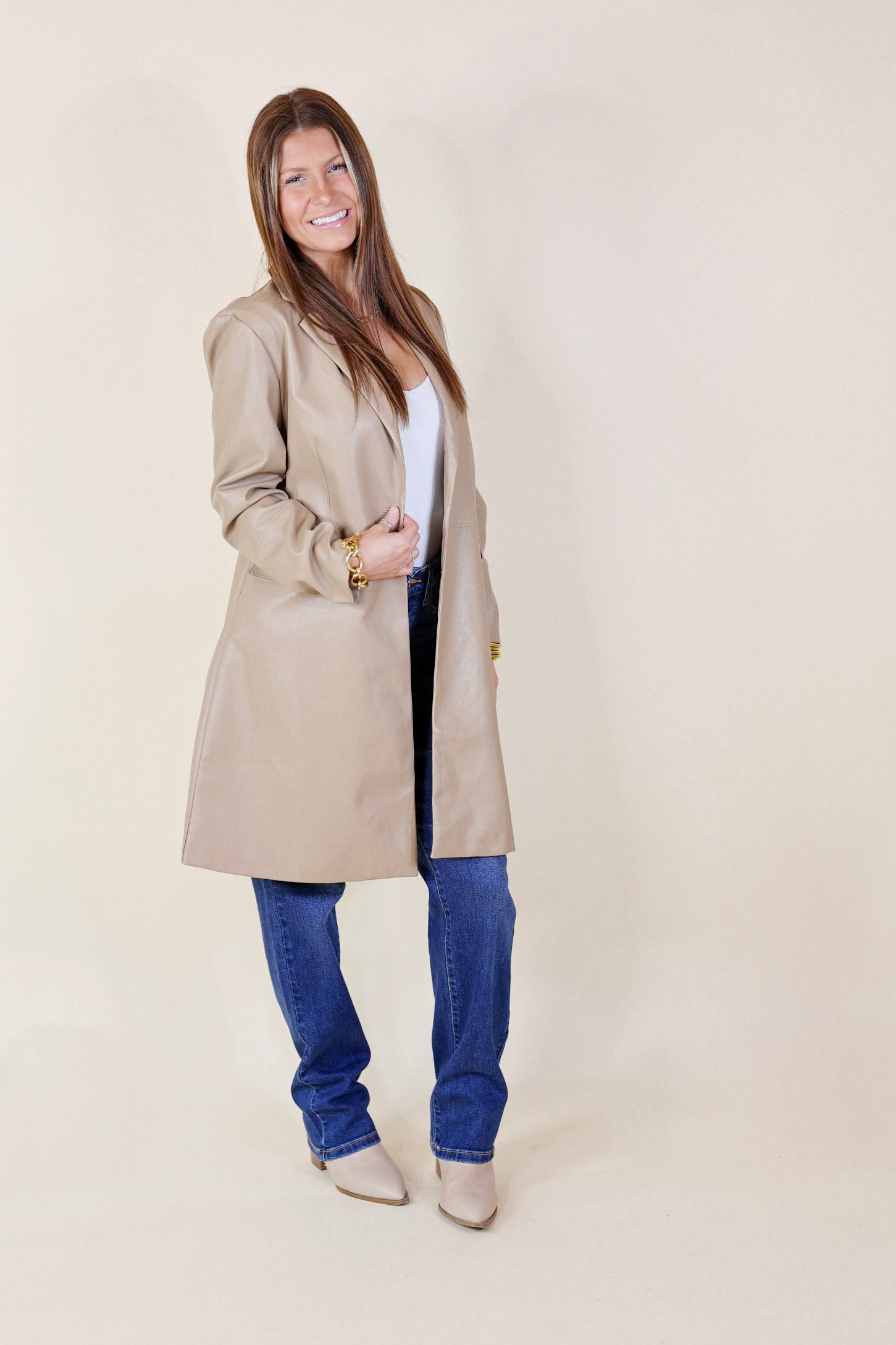 Espresso Run Long Faux Leather Coat with Button Front in Taupe