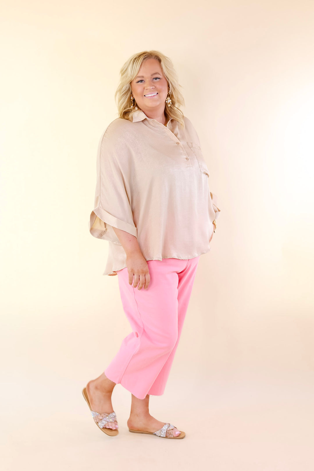 Sweet Surprise Half Button Up Poncho Top with Collared Neckline in Champagne - Giddy Up Glamour Boutique