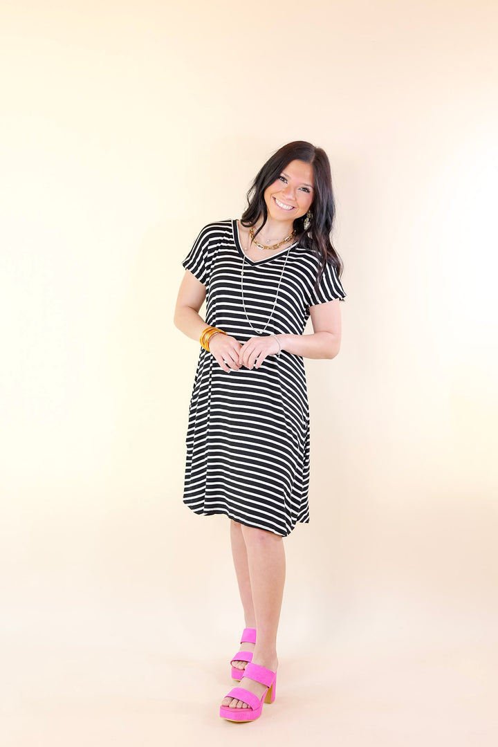 Effortless Moments Striped Short Sleeve Tee Shirt Dress in Black - Giddy Up Glamour Boutique