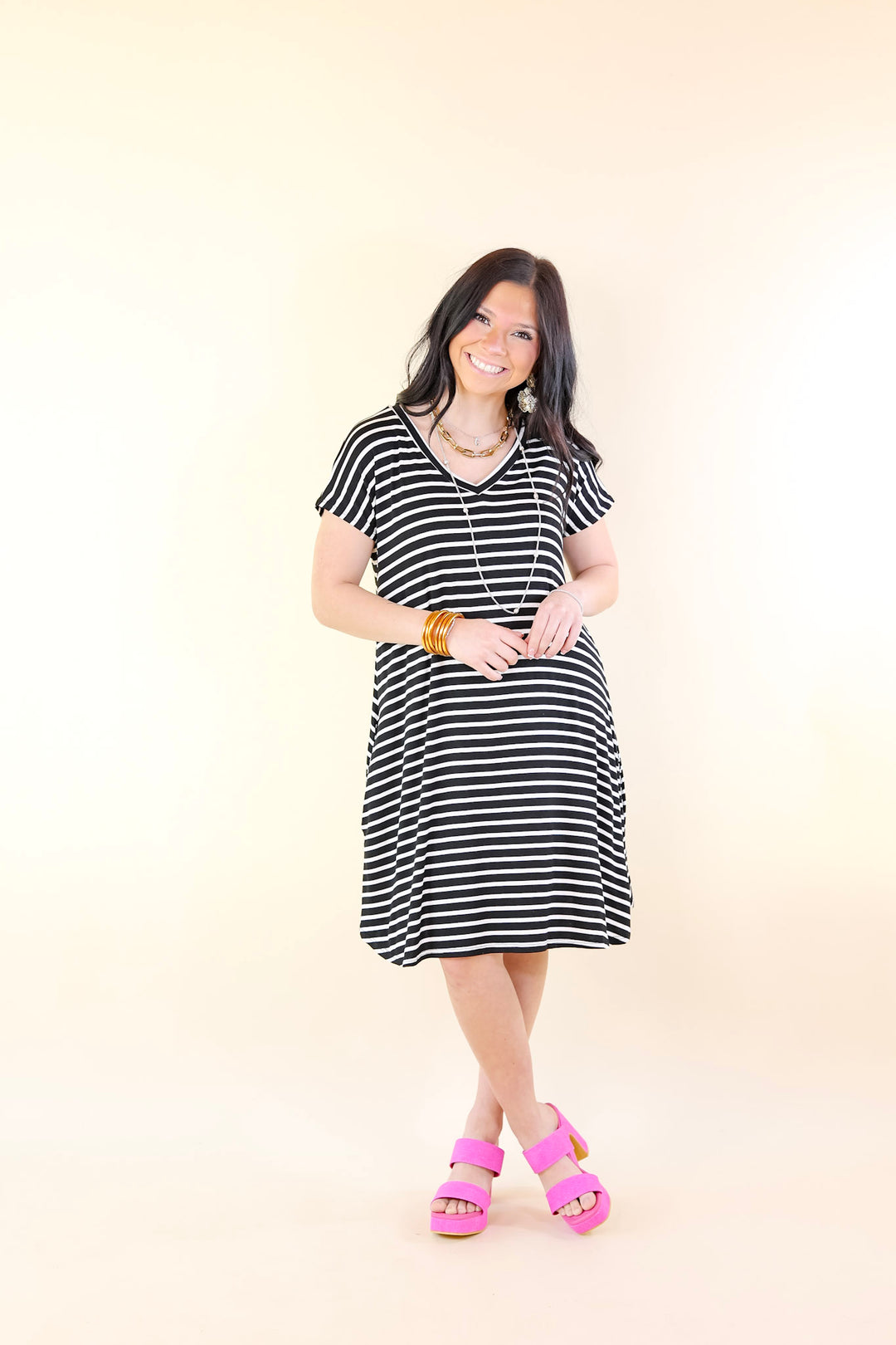Effortless Moments Striped Short Sleeve Tee Shirt Dress in Black - Giddy Up Glamour Boutique