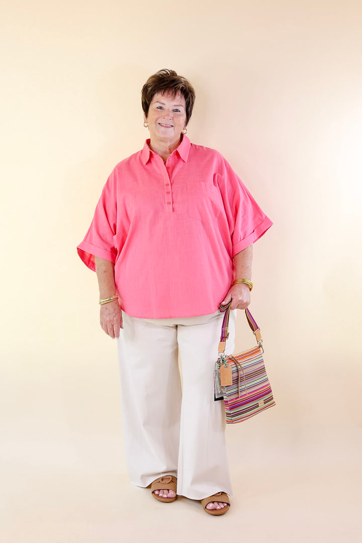 Sweet Surprise Half Button Up Poncho Top with Collared Neckline in Coral Pink - Giddy Up Glamour Boutique