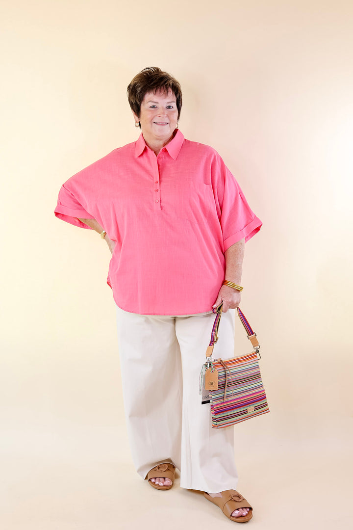 Sweet Surprise Half Button Up Poncho Top with Collared Neckline in Coral Pink - Giddy Up Glamour Boutique