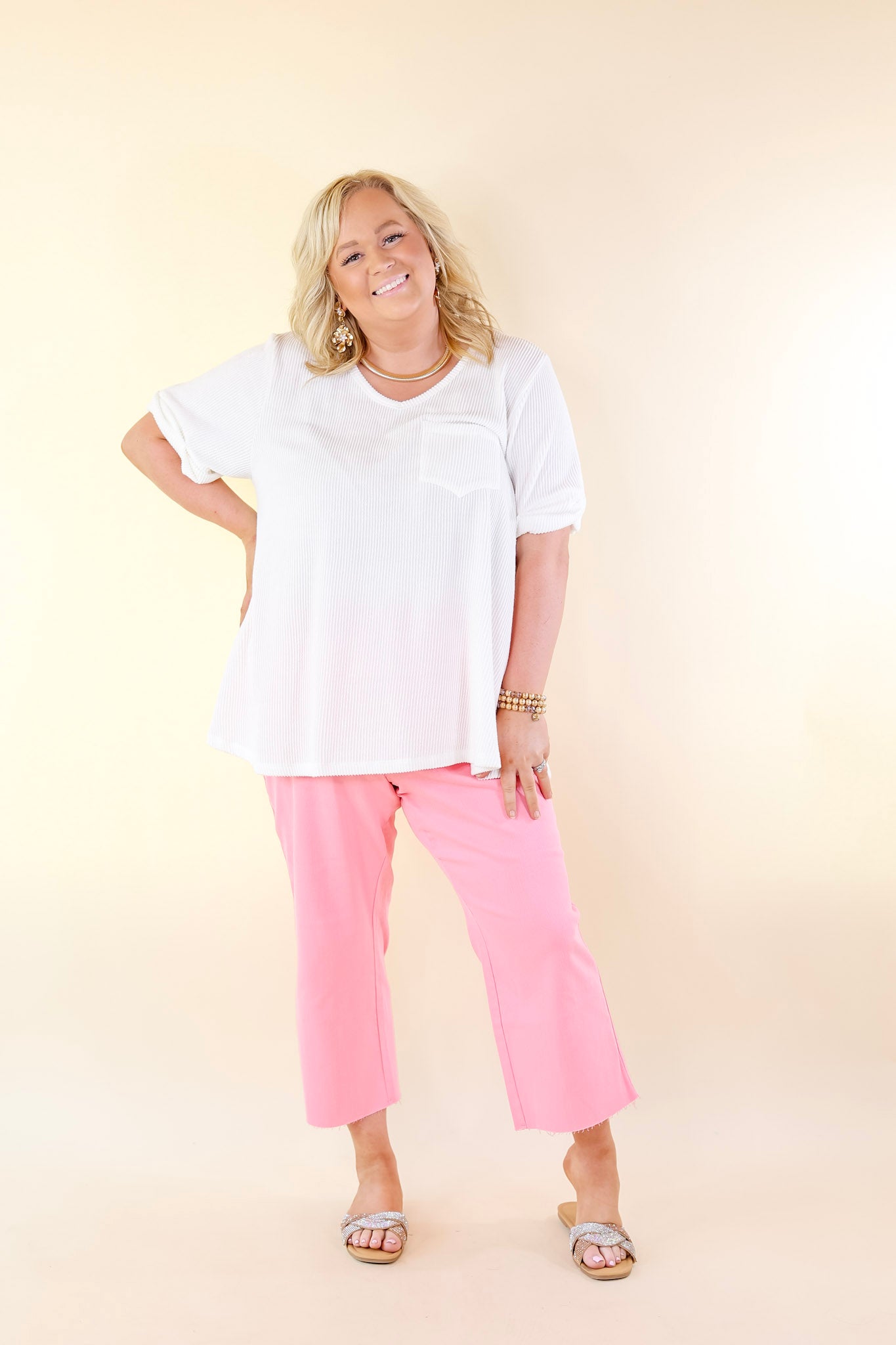 Only True Love Ribbed Short Sleeve Top with Front Pocket in Off White - Giddy Up Glamour Boutique