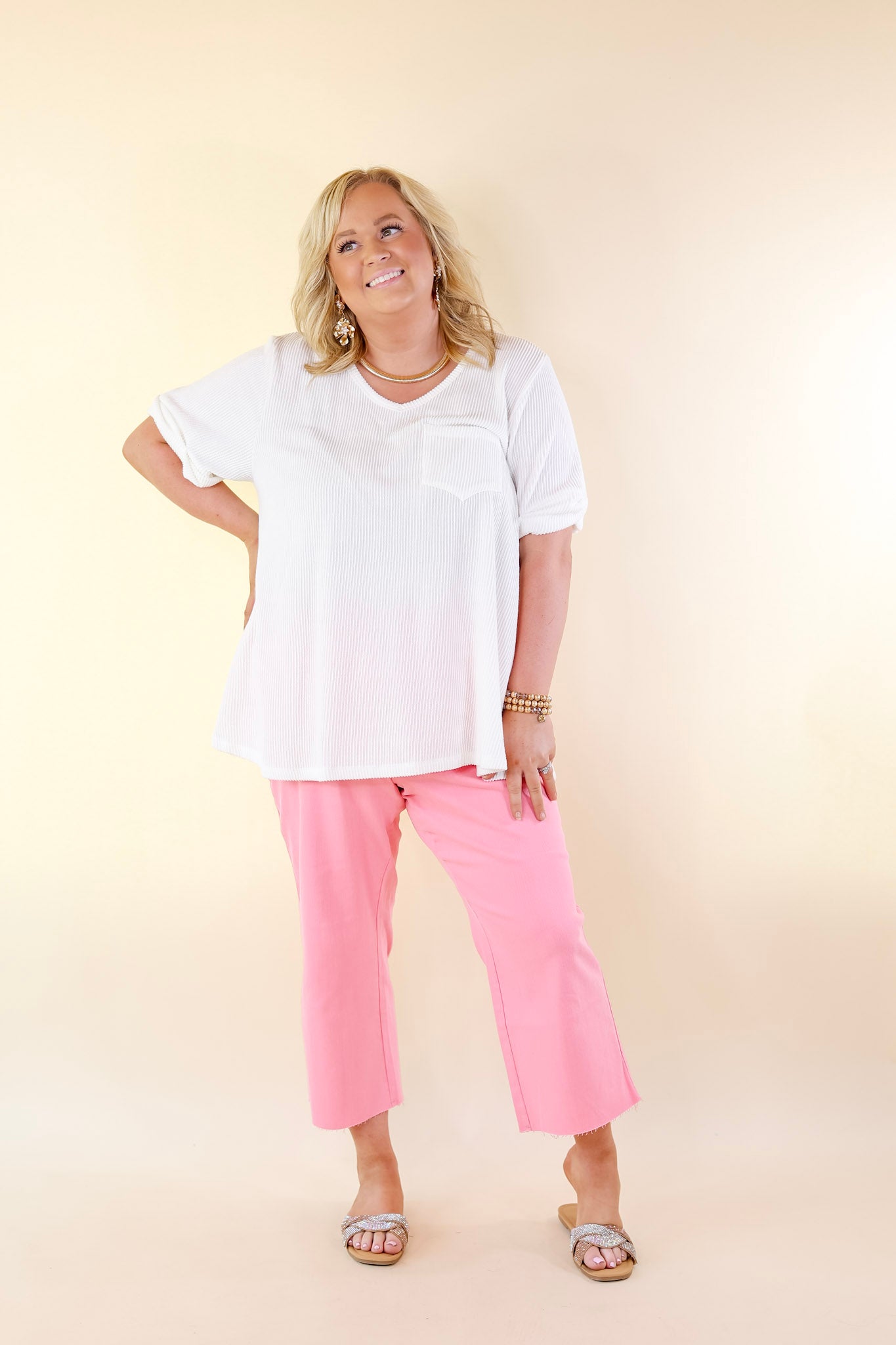 Only True Love Ribbed Short Sleeve Top with Front Pocket in Off White - Giddy Up Glamour Boutique