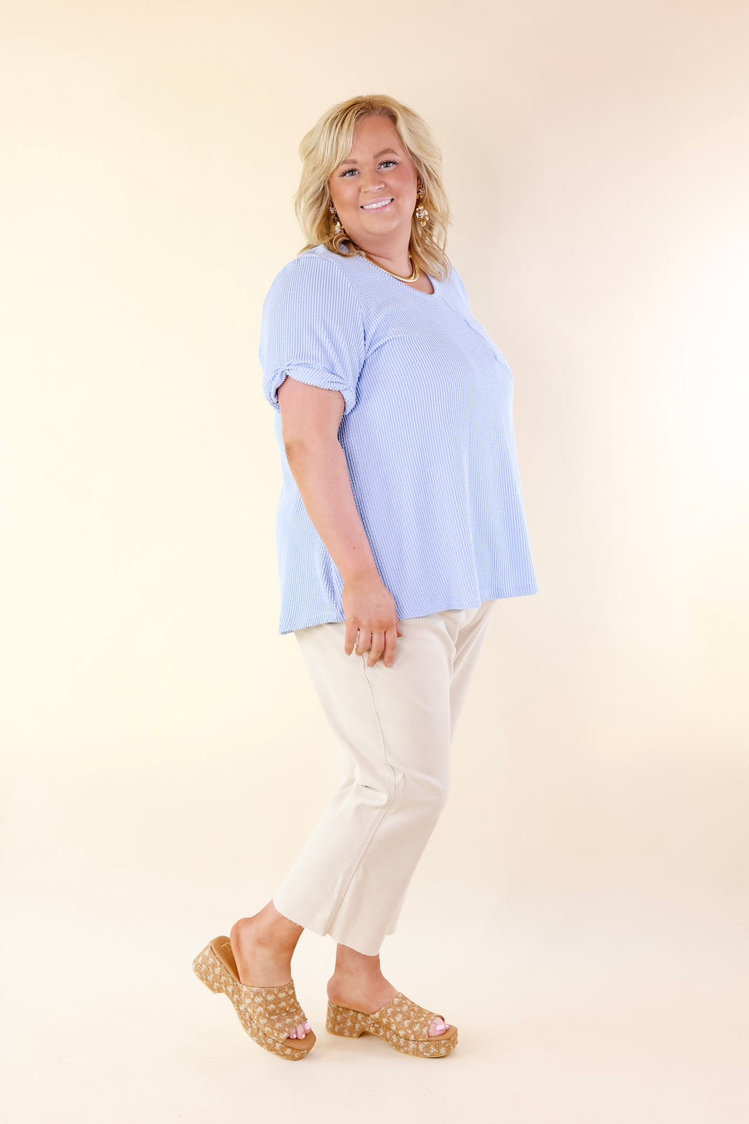 Only True Love Ribbed Short Sleeve Top with Front Pocket in Serenity Blue - Giddy Up Glamour Boutique