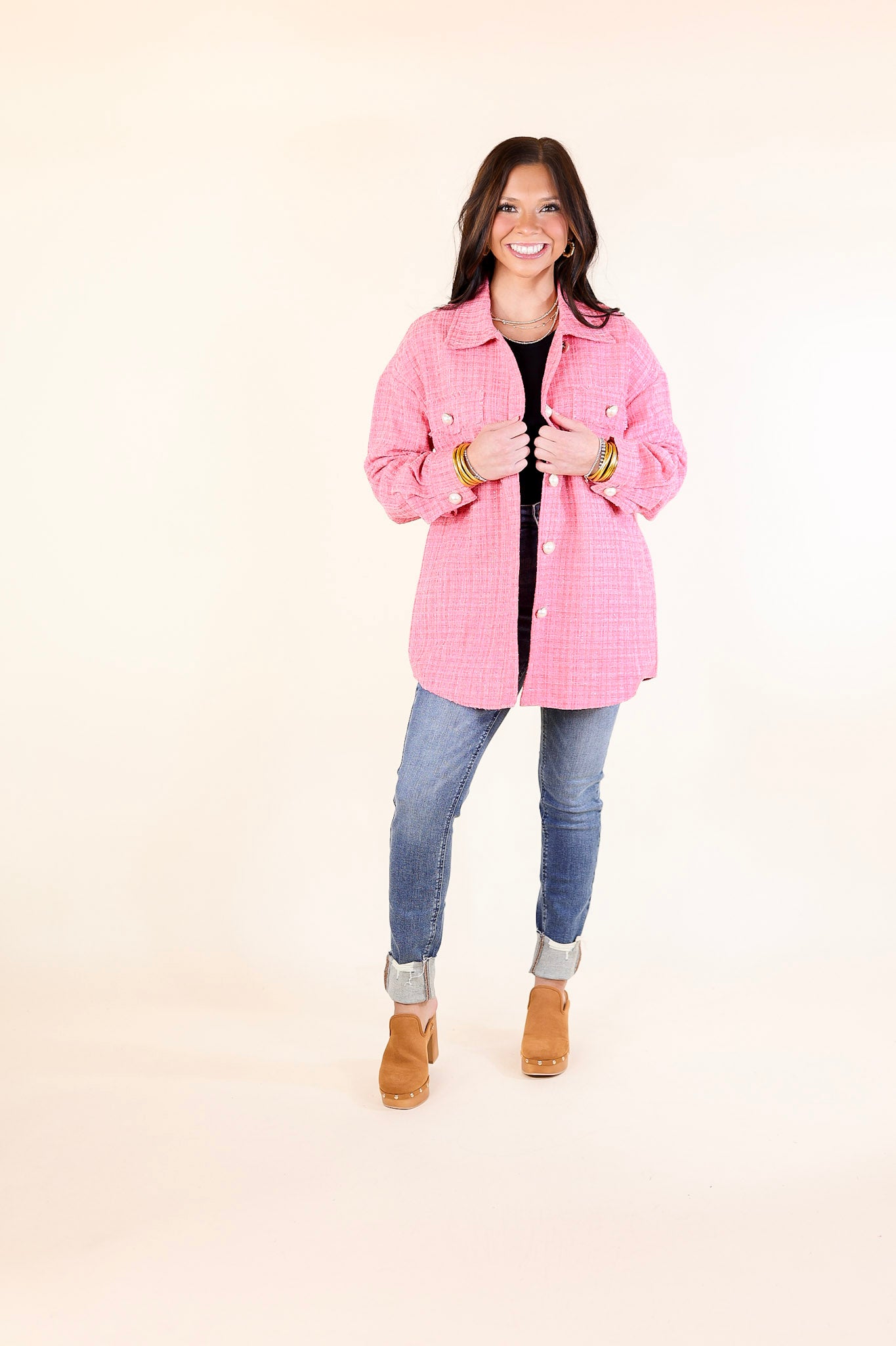 Brooklyn Buzz Pearl Button Up Tweed Shacket in Pink