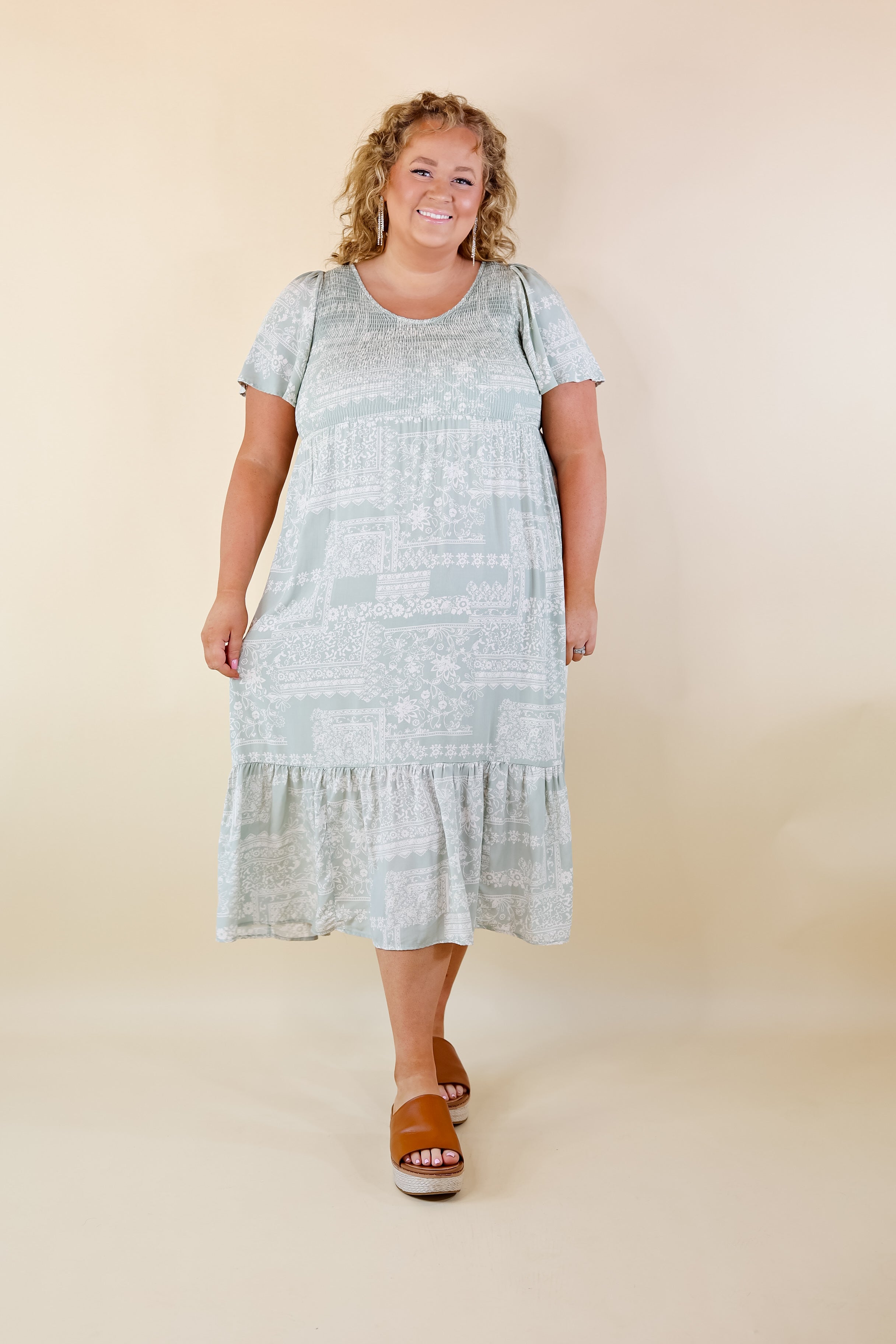 Adore The Shore Block Print Midi Dress with Smocked Bodice in Sage Green - Giddy Up Glamour Boutique
