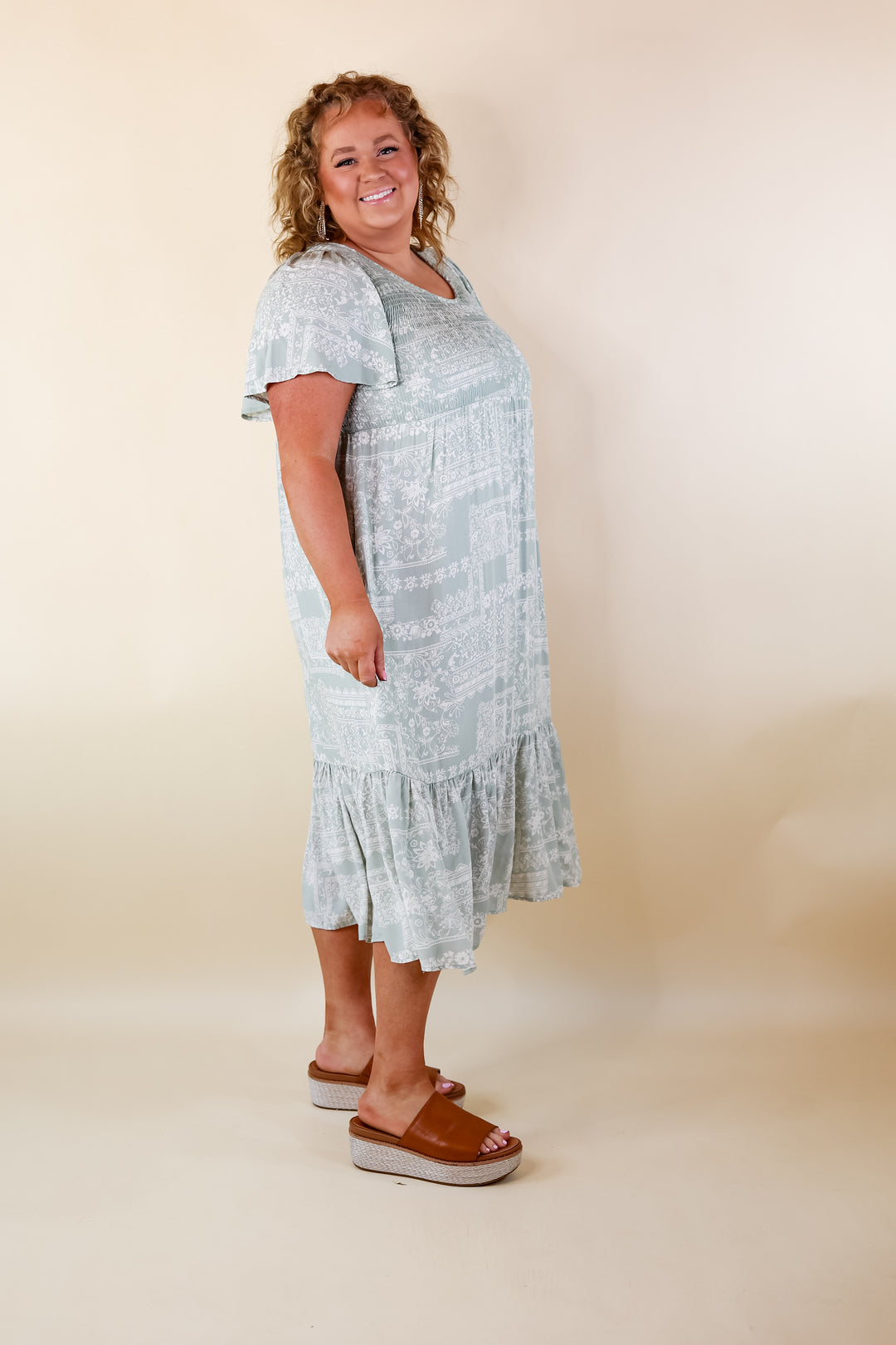 Adore The Shore Block Print Midi Dress with Smocked Bodice in Sage Green - Giddy Up Glamour Boutique