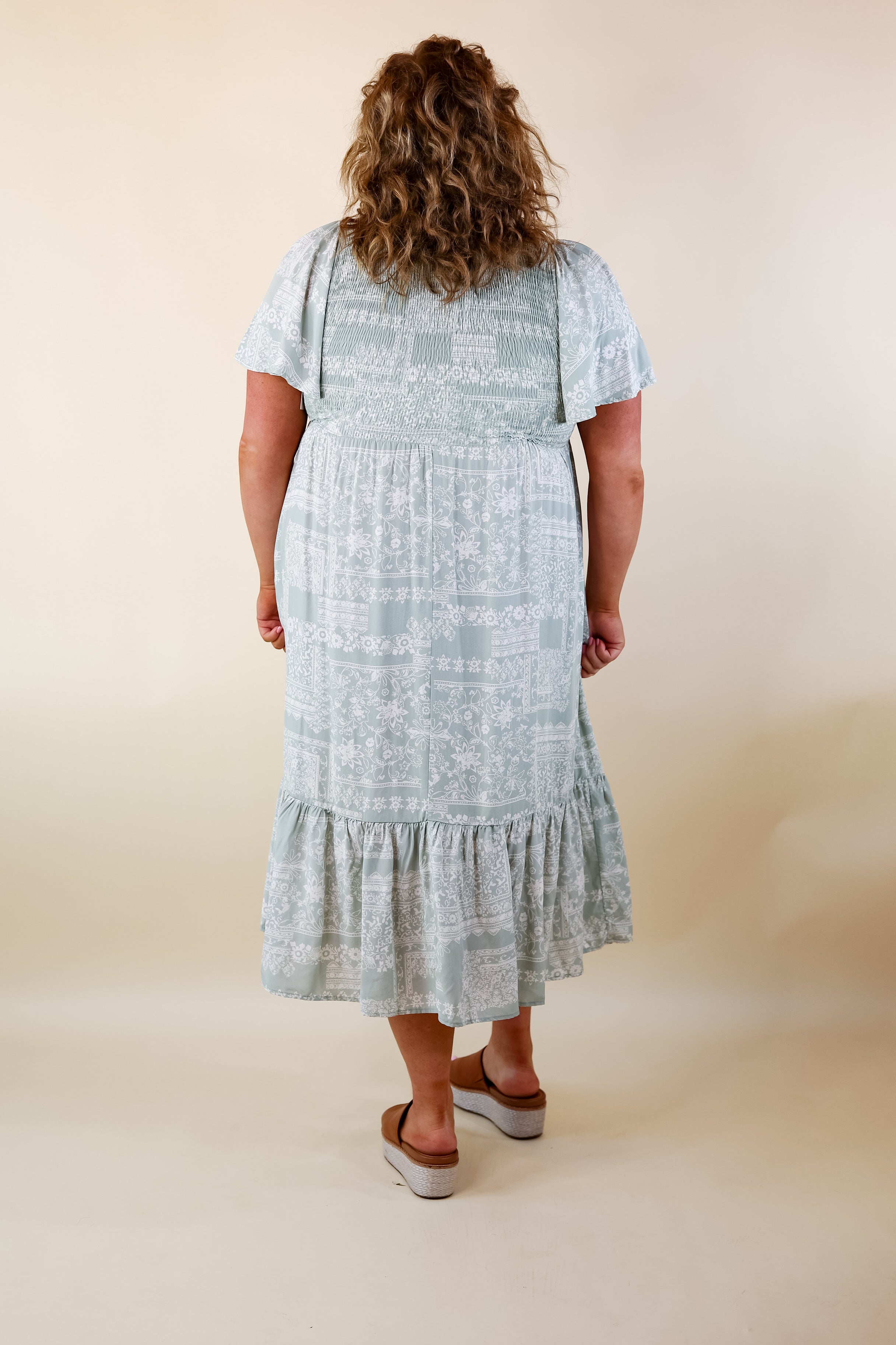 Adore The Shore Block Print Midi Dress with Smocked Bodice in Sage Green - Giddy Up Glamour Boutique