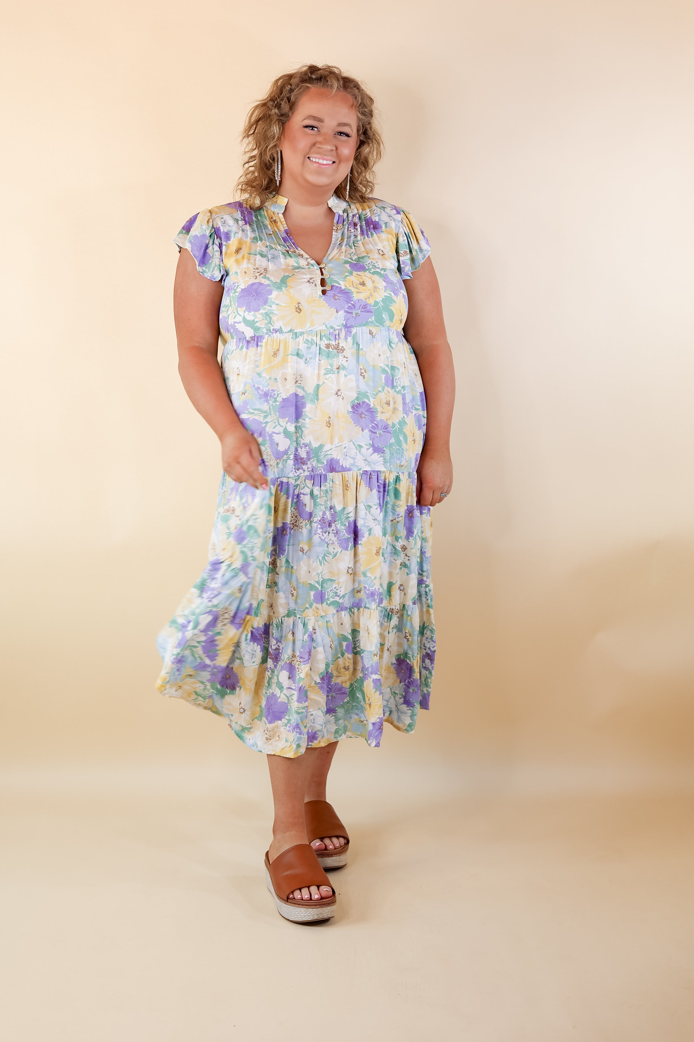Strolling Down Sunset Floral Tiered Midi Dress in Purple and Green Mix - Giddy Up Glamour Boutique