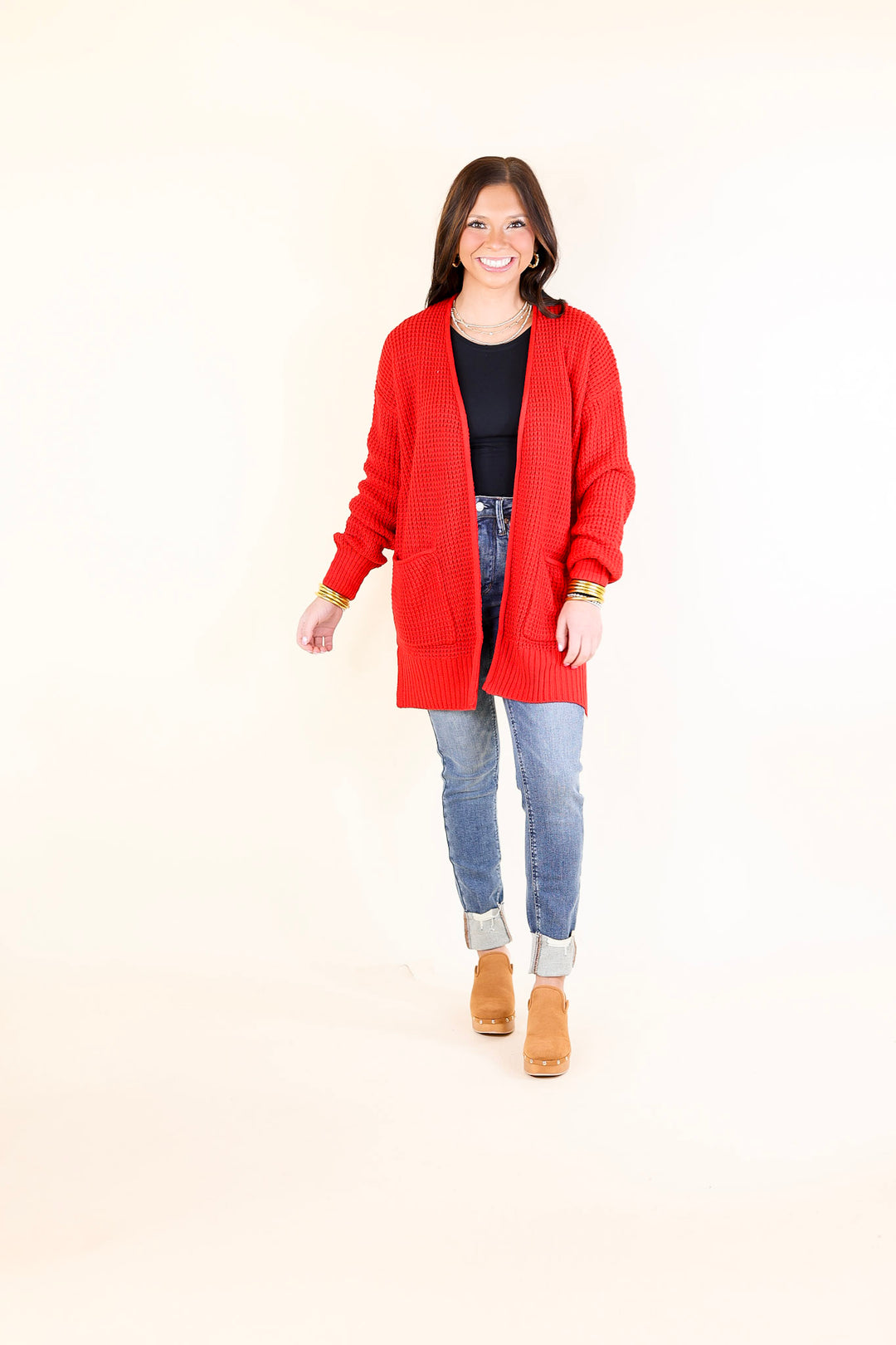Cozy Layers Waffle Knit Cardigan in Ruby Red