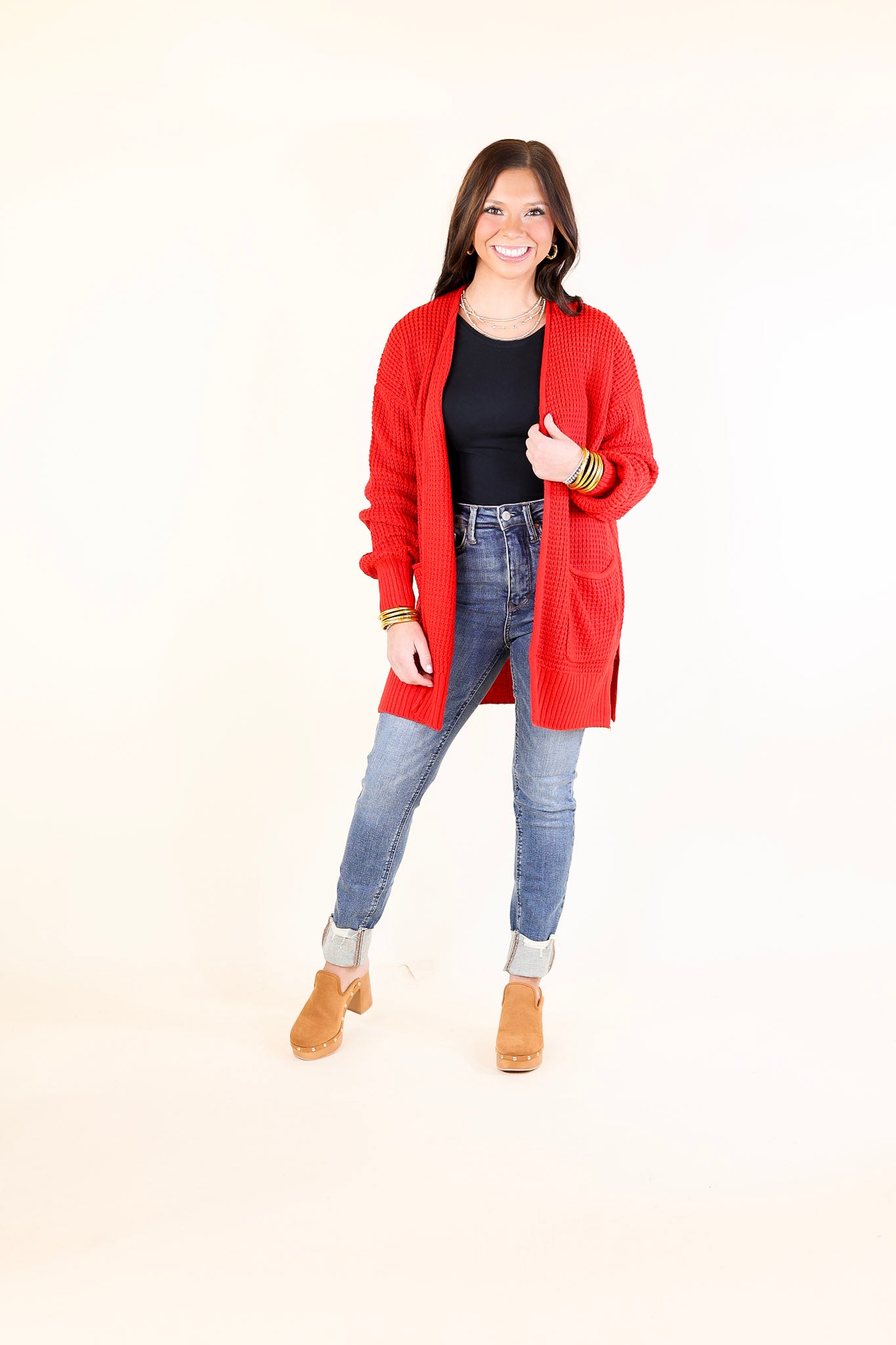 Cozy Layers Waffle Knit Cardigan in Ruby Red