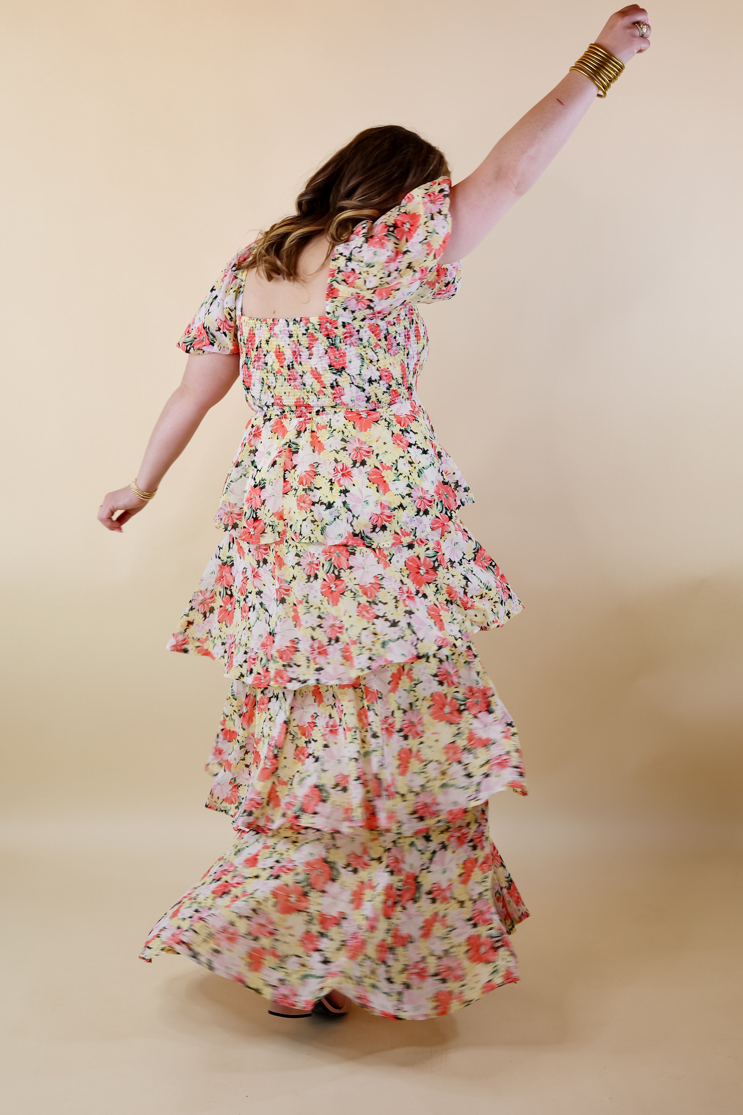 Fun Feeling Floral Tiered Maxi Dress with Smocked Balloon Sleeves in Yellow Mix - Giddy Up Glamour Boutique