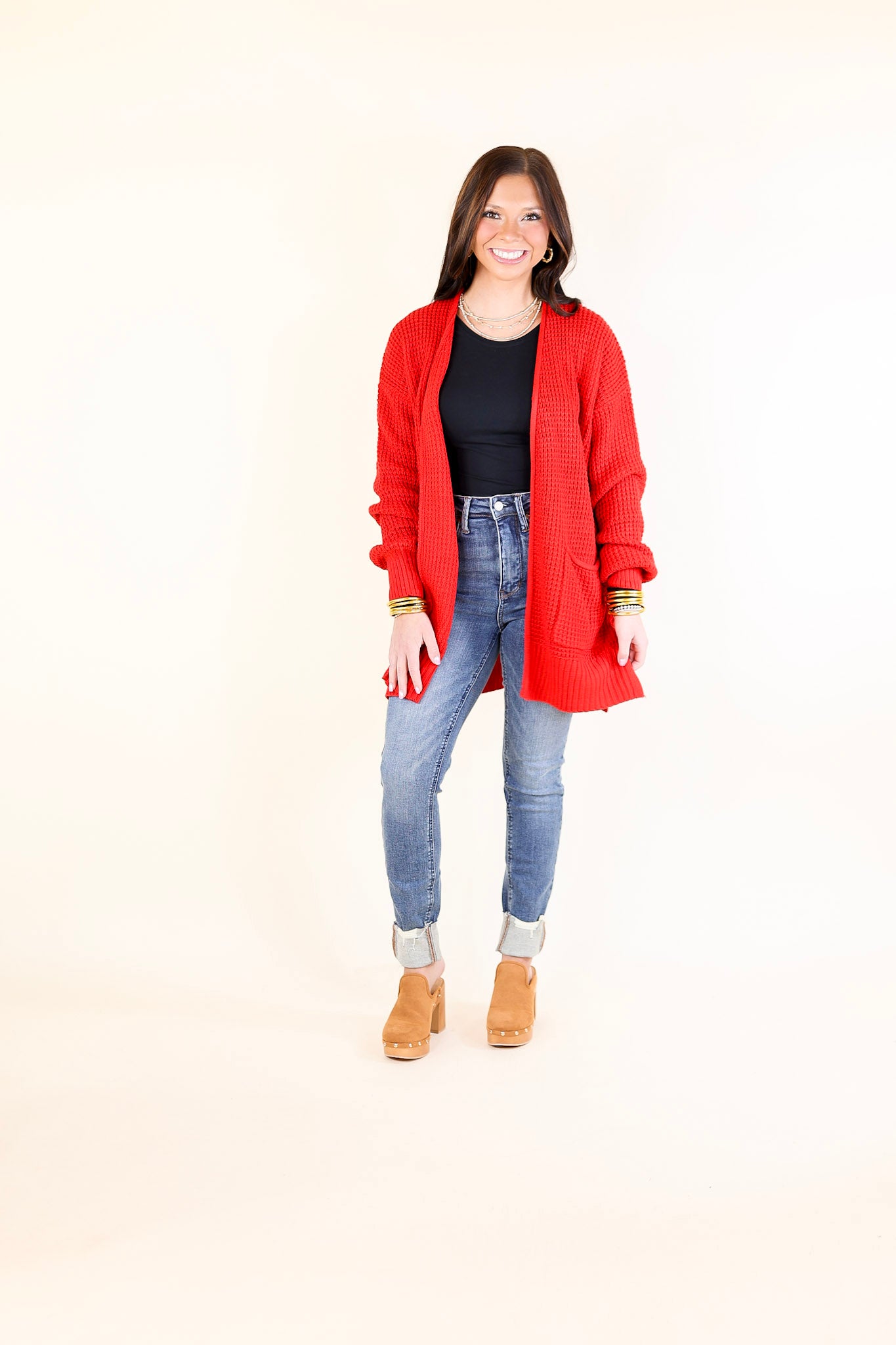 Cozy Layers Waffle Knit Cardigan in Ruby Red