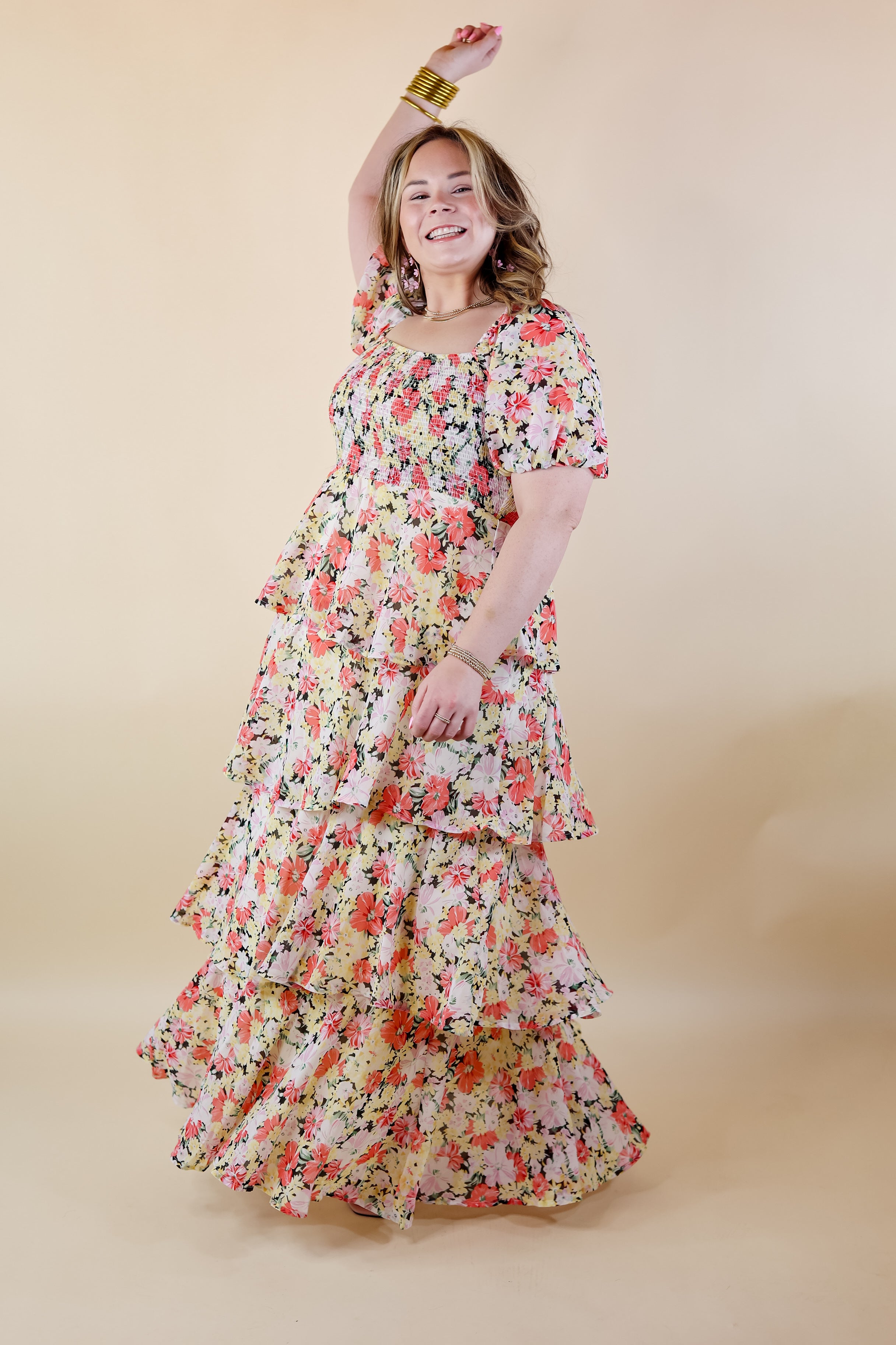 Fun Feeling Floral Tiered Maxi Dress with Smocked Balloon Sleeves in Yellow Mix - Giddy Up Glamour Boutique
