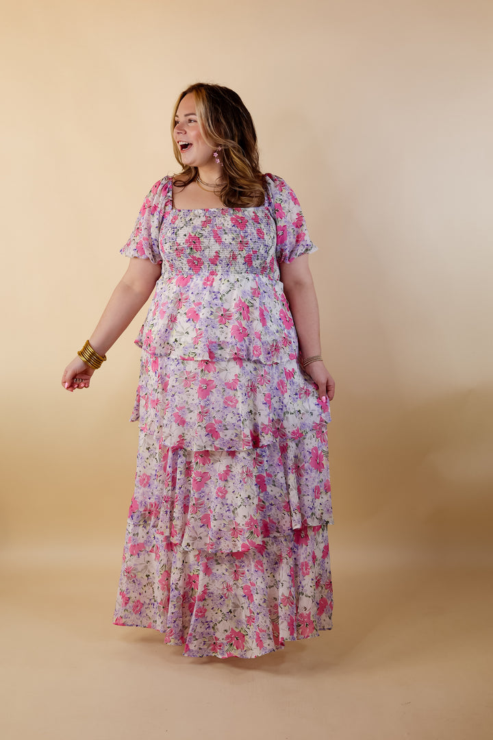 Fun Feeling Floral Tiered Maxi Dress with Smocked Balloon Sleeves in Pink Mix - Giddy Up Glamour Boutique
