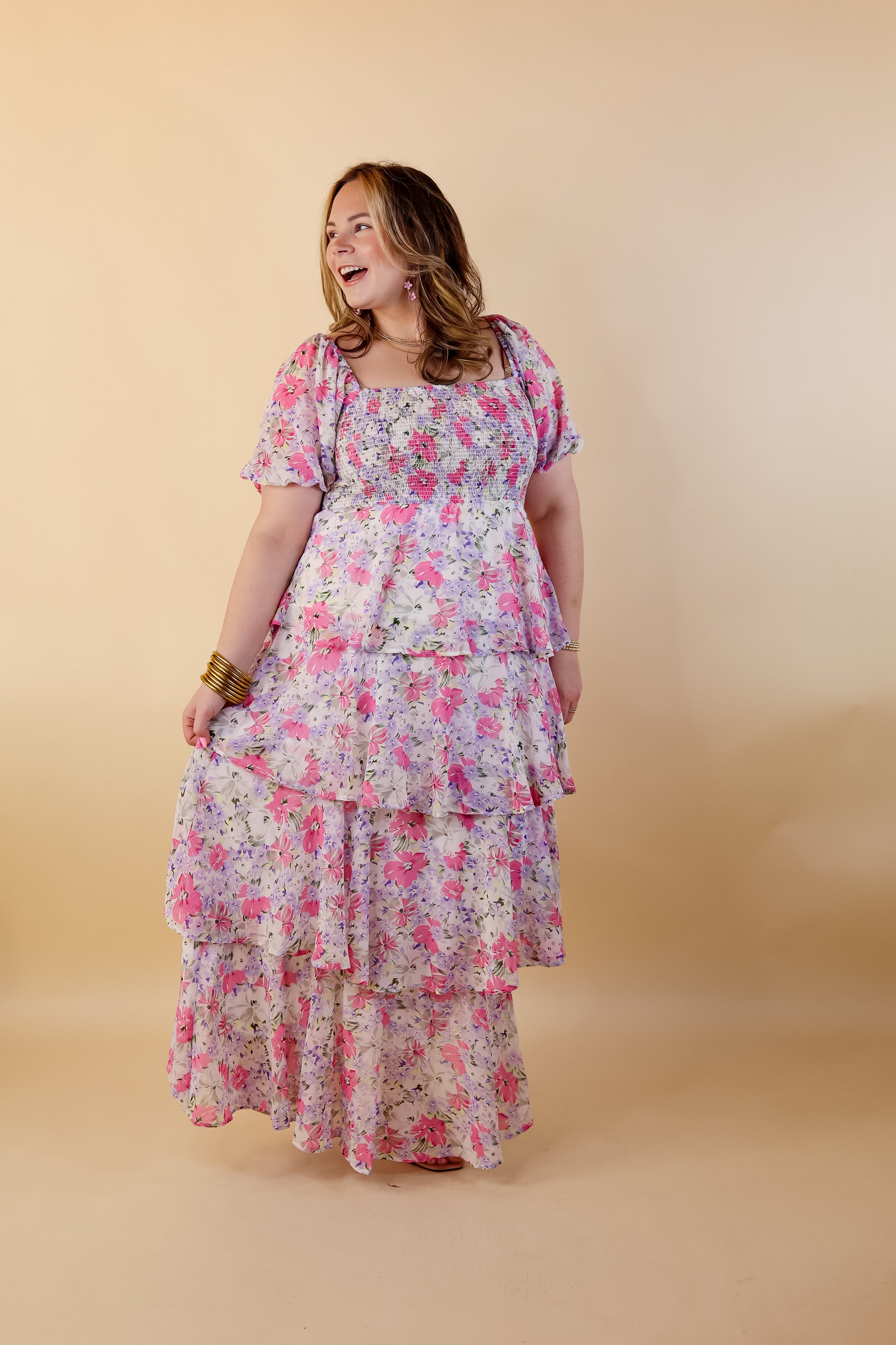 Fun Feeling Floral Tiered Maxi Dress with Smocked Balloon Sleeves in Pink Mix - Giddy Up Glamour Boutique