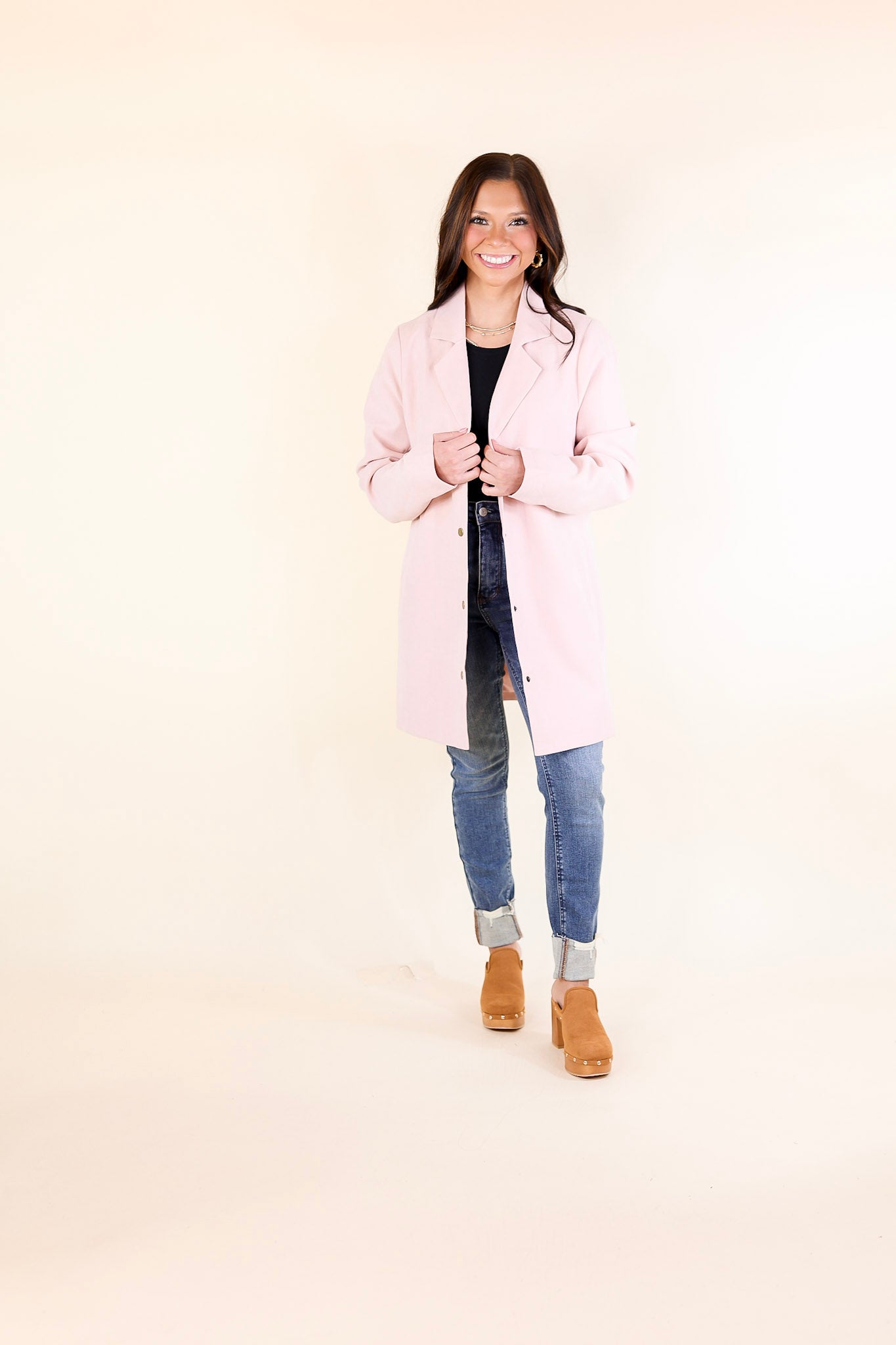 On Mountain Time Long Button Up Blazer in Pale Pink