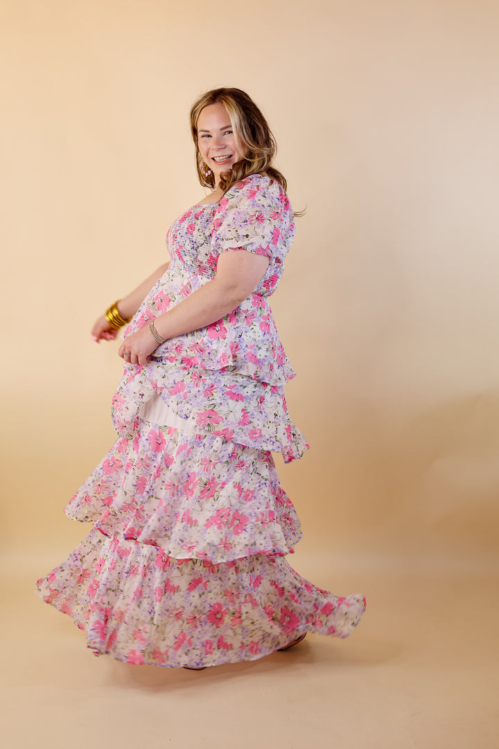 Fun Feeling Floral Tiered Maxi Dress with Smocked Balloon Sleeves in Pink Mix - Giddy Up Glamour Boutique