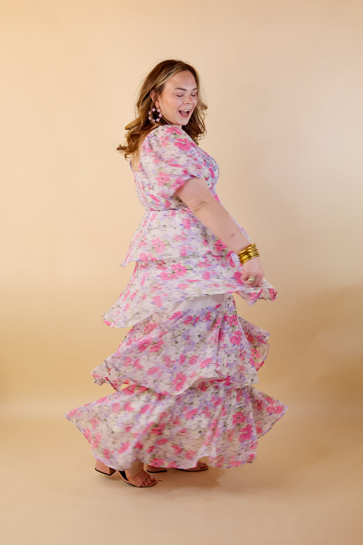 Fun Feeling Floral Tiered Maxi Dress with Smocked Balloon Sleeves in Pink Mix - Giddy Up Glamour Boutique