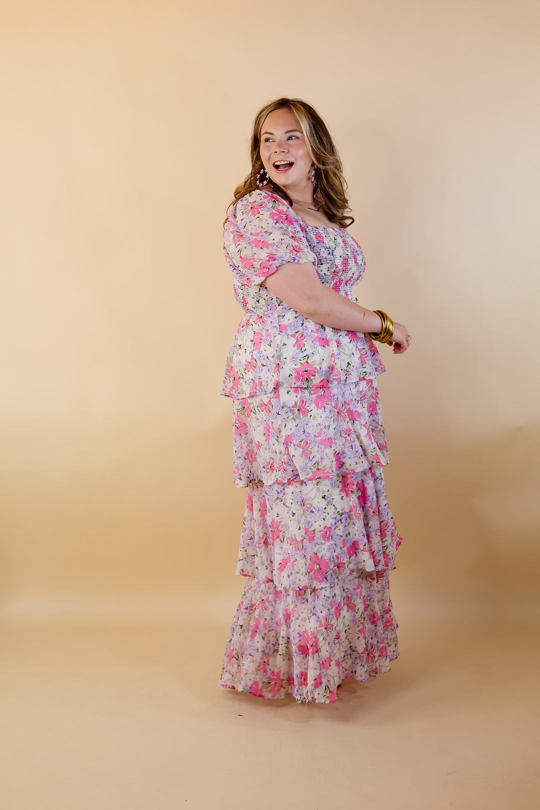 Fun Feeling Floral Tiered Maxi Dress with Smocked Balloon Sleeves in Pink Mix - Giddy Up Glamour Boutique