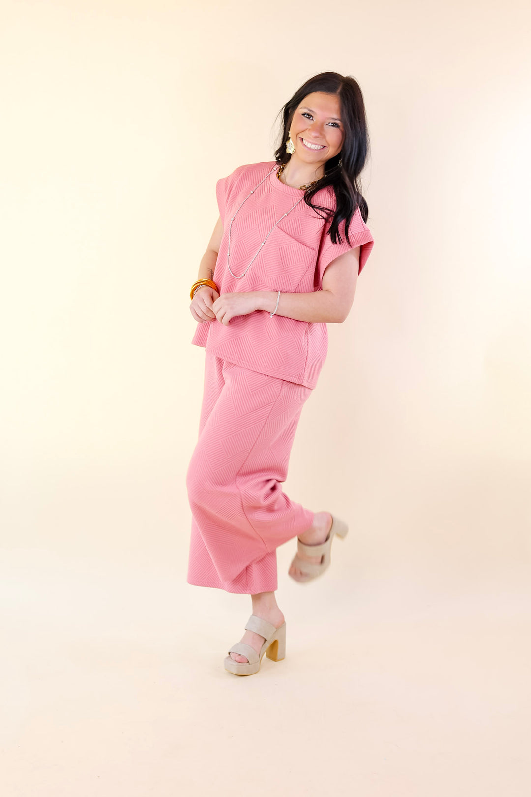 Glamour on the Go Textured Top with Pocket in Coral - Giddy Up Glamour Boutique